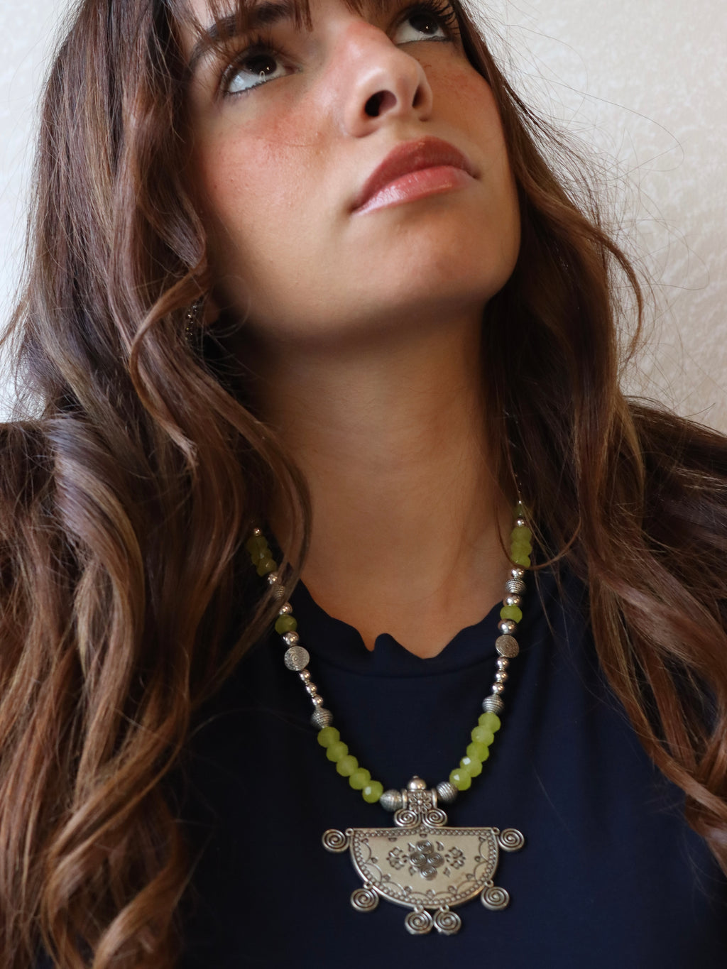 lime green crystal necklace with silver accents and silver pendant | Handmade jewelry