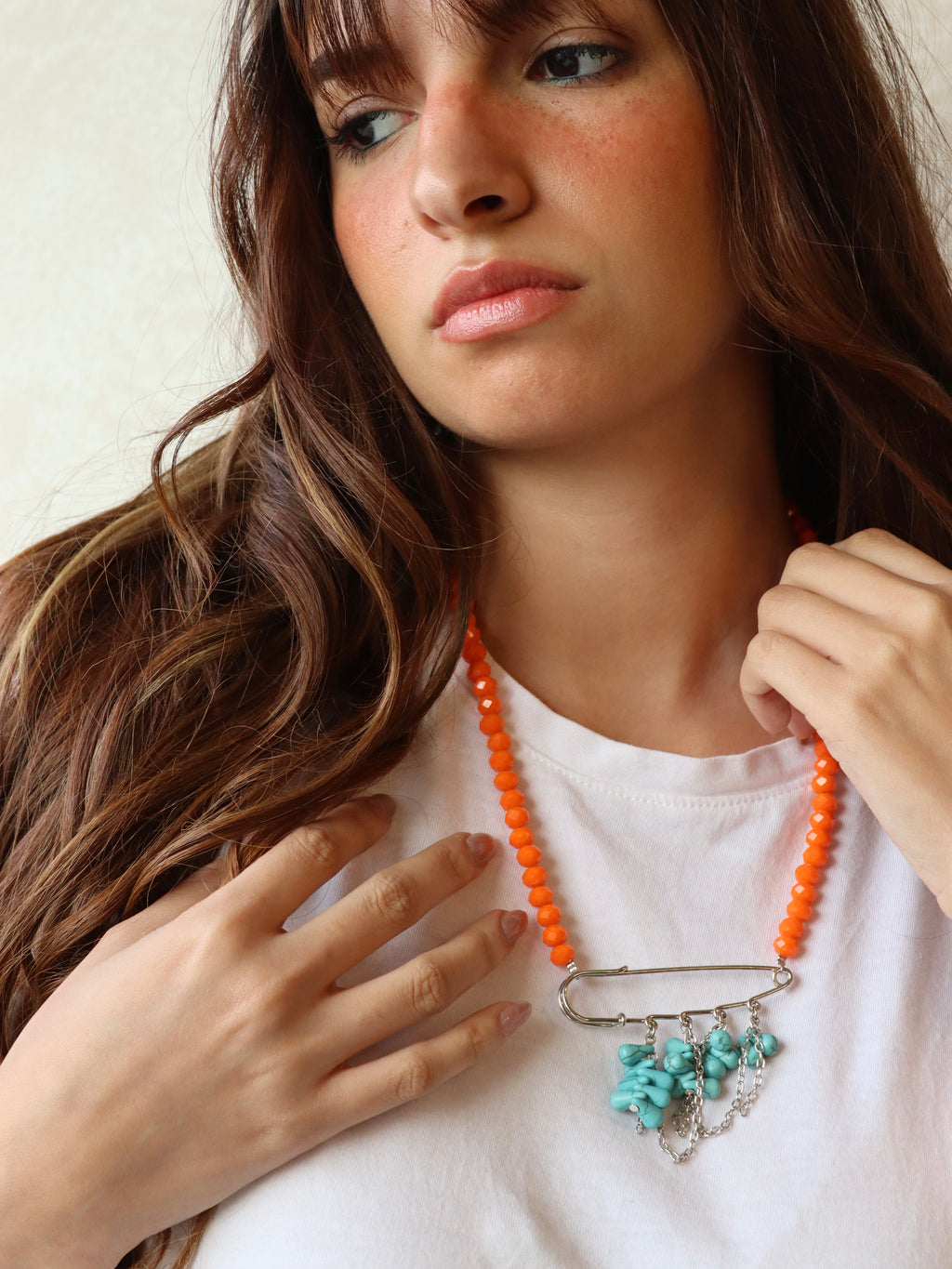 Orange and fayrouz with silver accents necklace set | Handmade jewelry