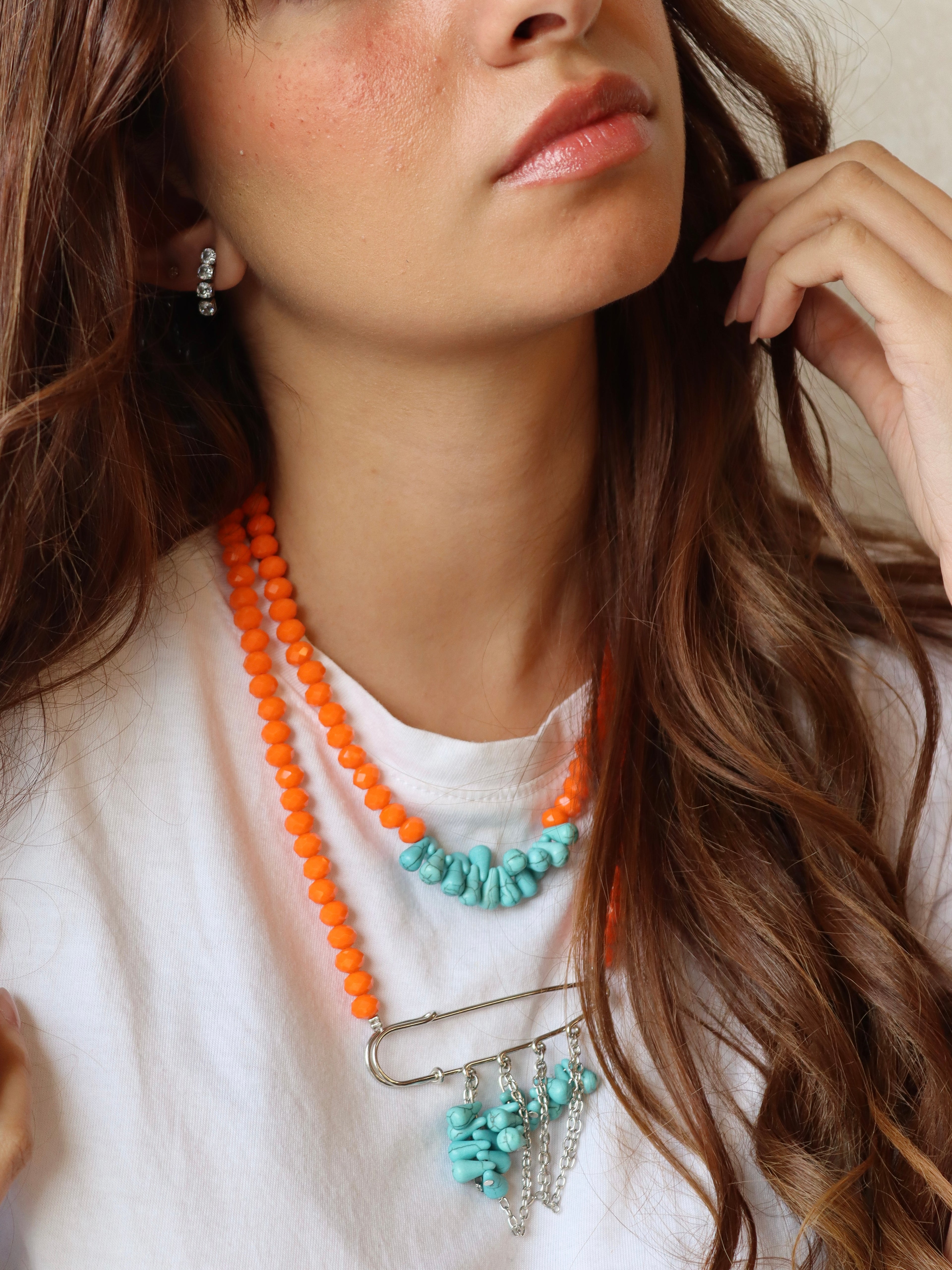 Orange and fayrouz with silver accents necklace set | Handmade jewelry
