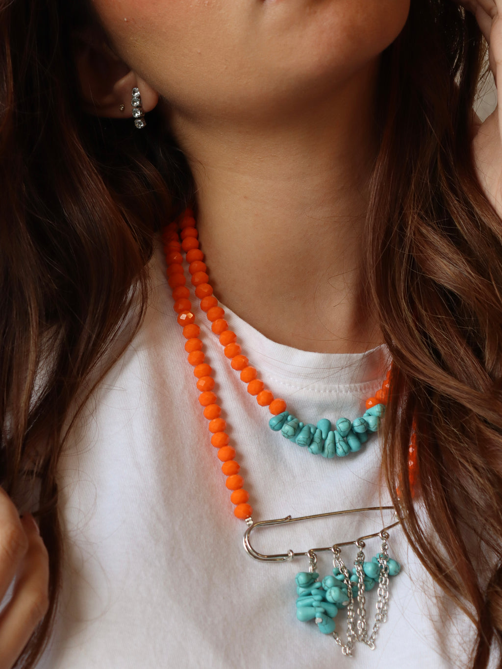 Orange and fayrouz with silver accents necklace set | Handmade jewelry