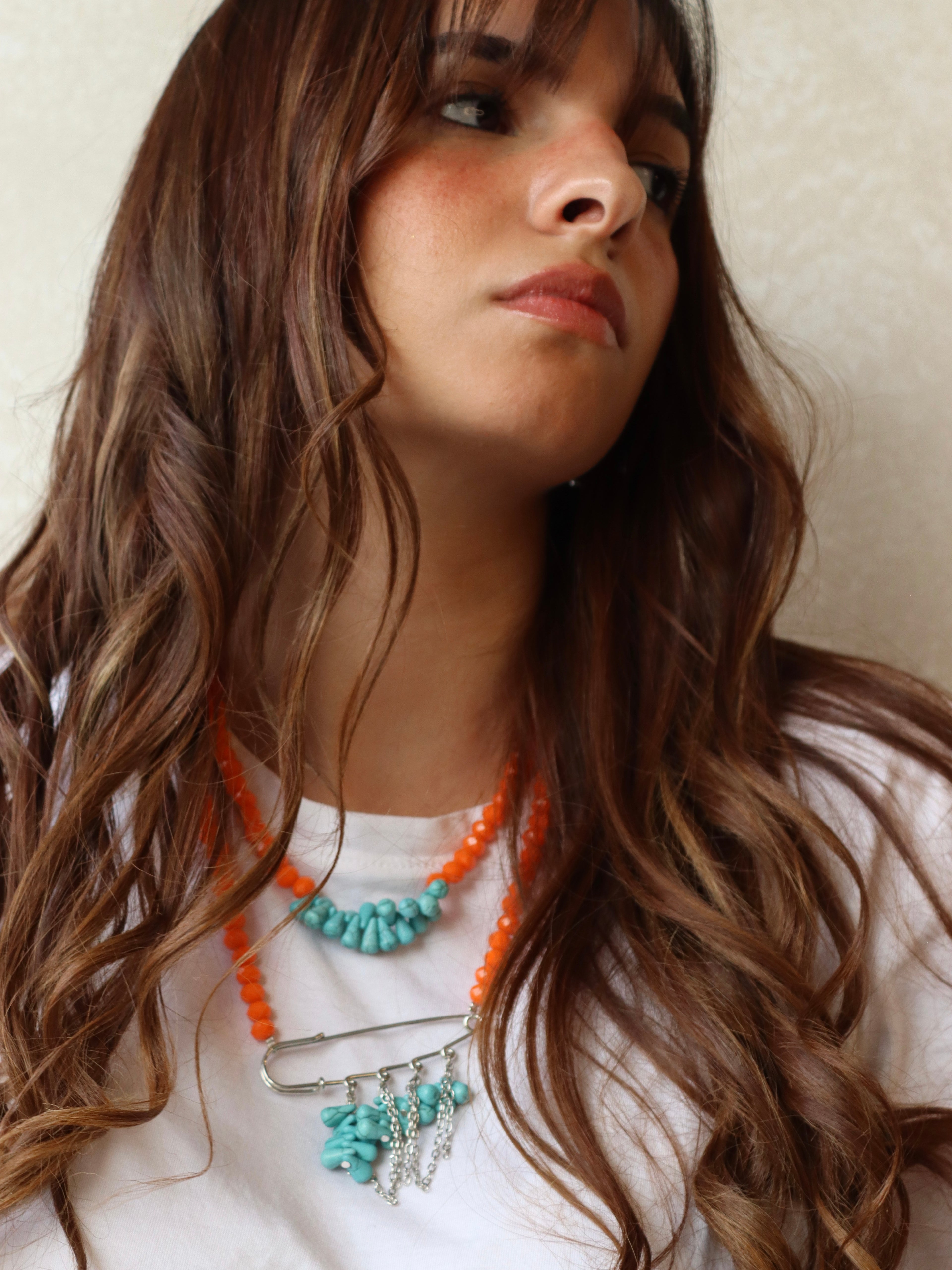 Orange and fayrouz with silver accents necklace set | Handmade jewelry
