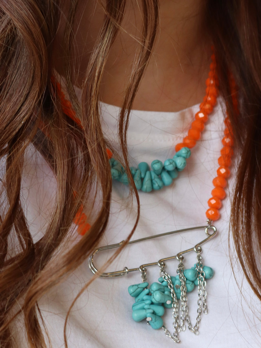 Orange and fayrouz with silver accents necklace set | Handmade jewelry
