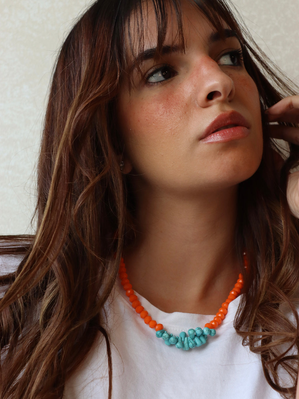 Orange and fayrouz with silver accents necklace set | Handmade jewelry