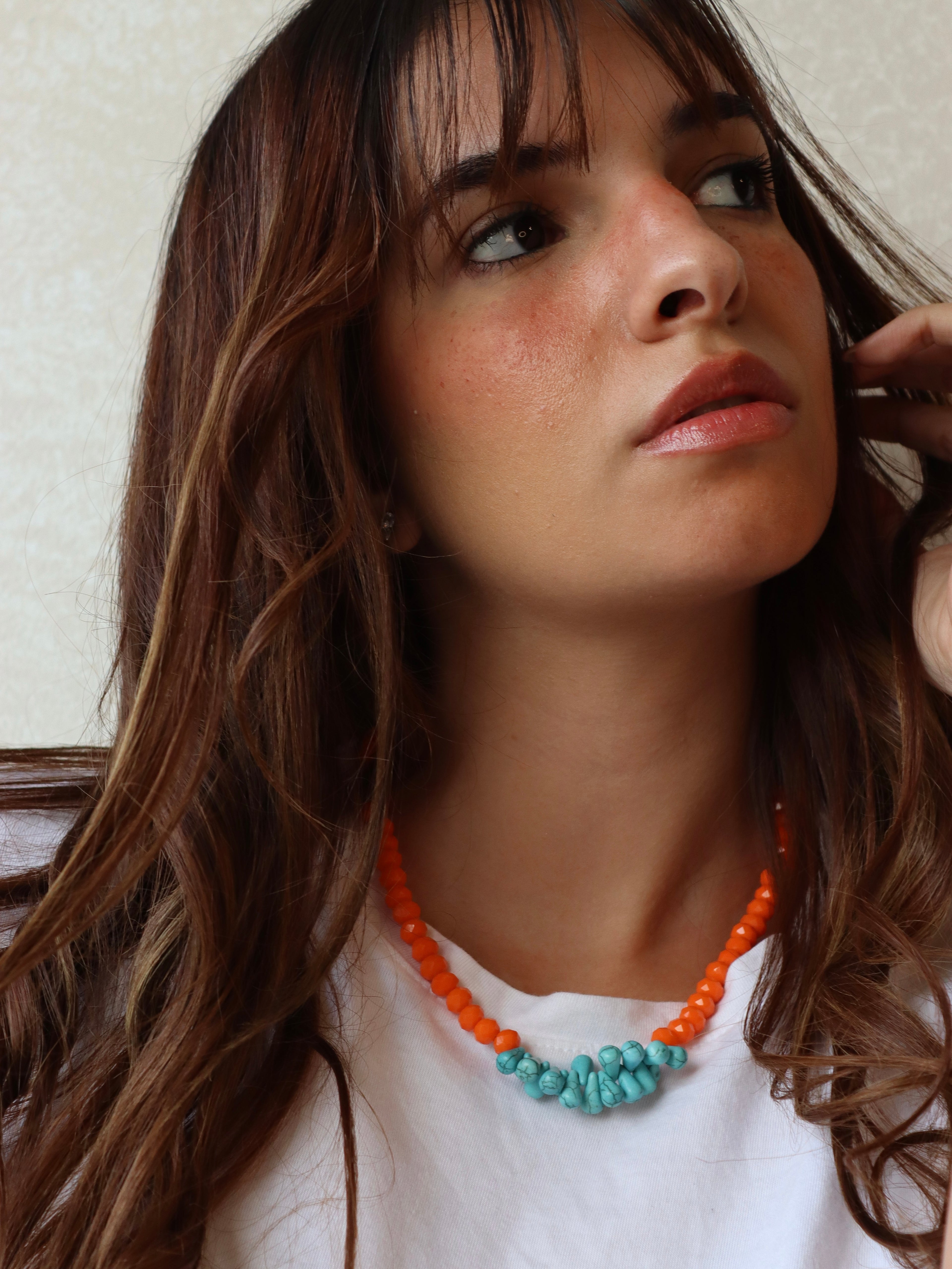 Orange and fayrouz with silver accents necklace set | Handmade jewelry
