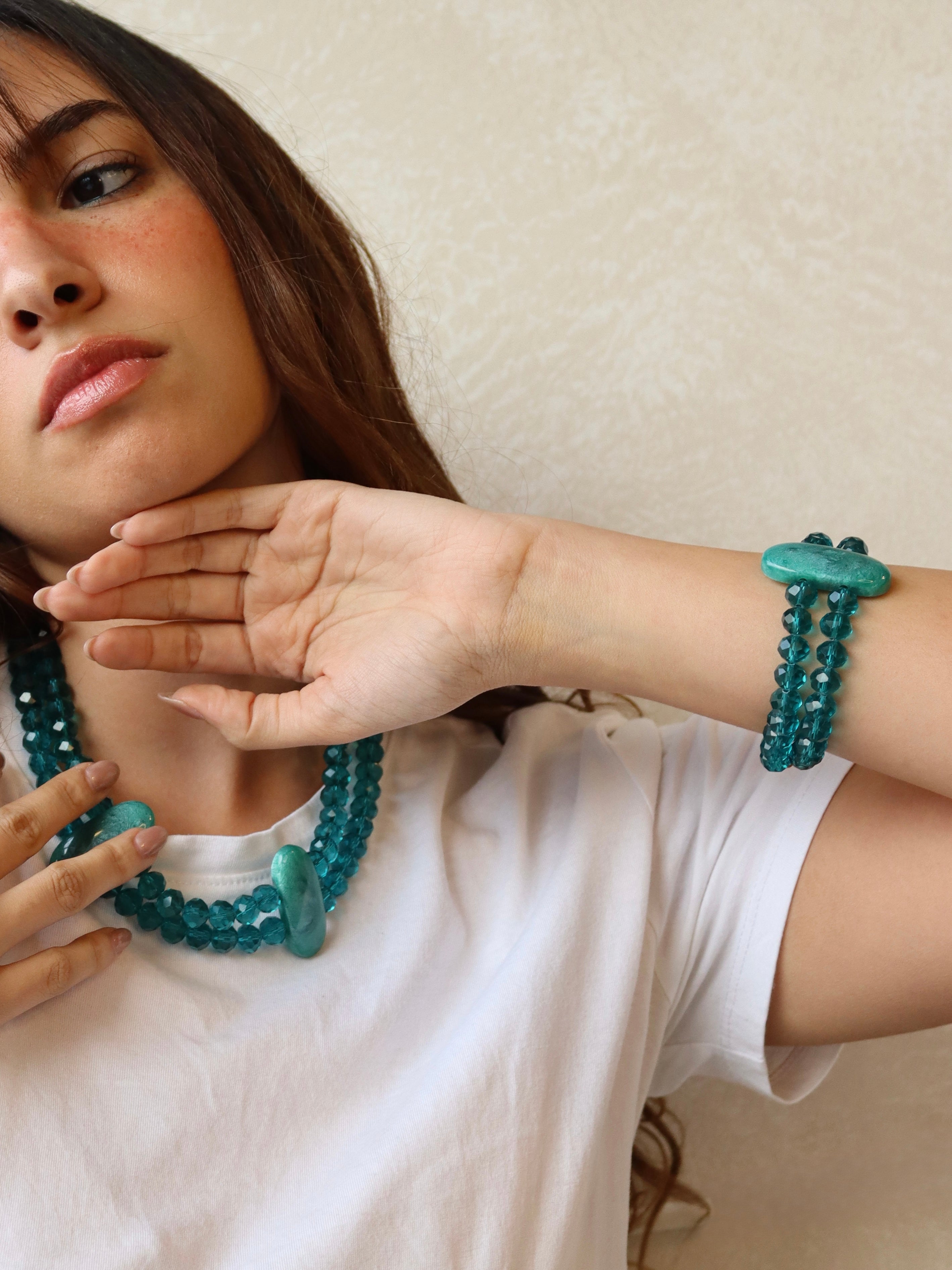 blue double layered crystal necklace