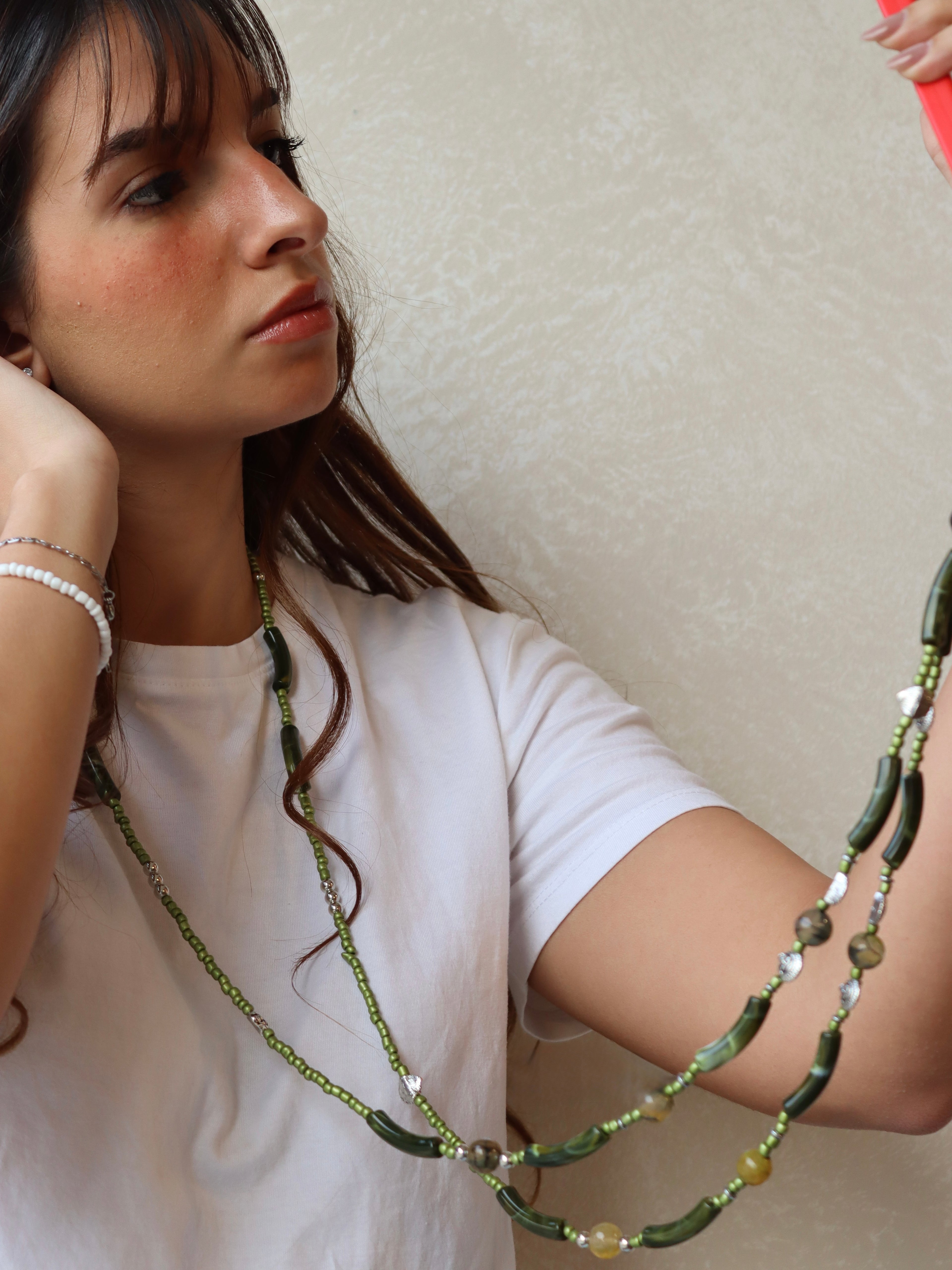 agate and green beads mobile charm with silver metal