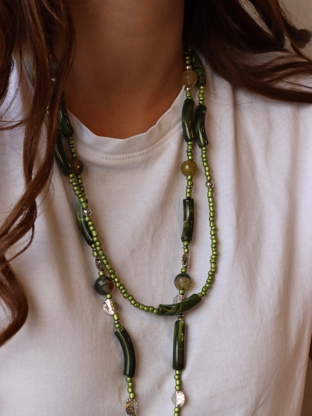 agate and green beads mobile charm with silver metal