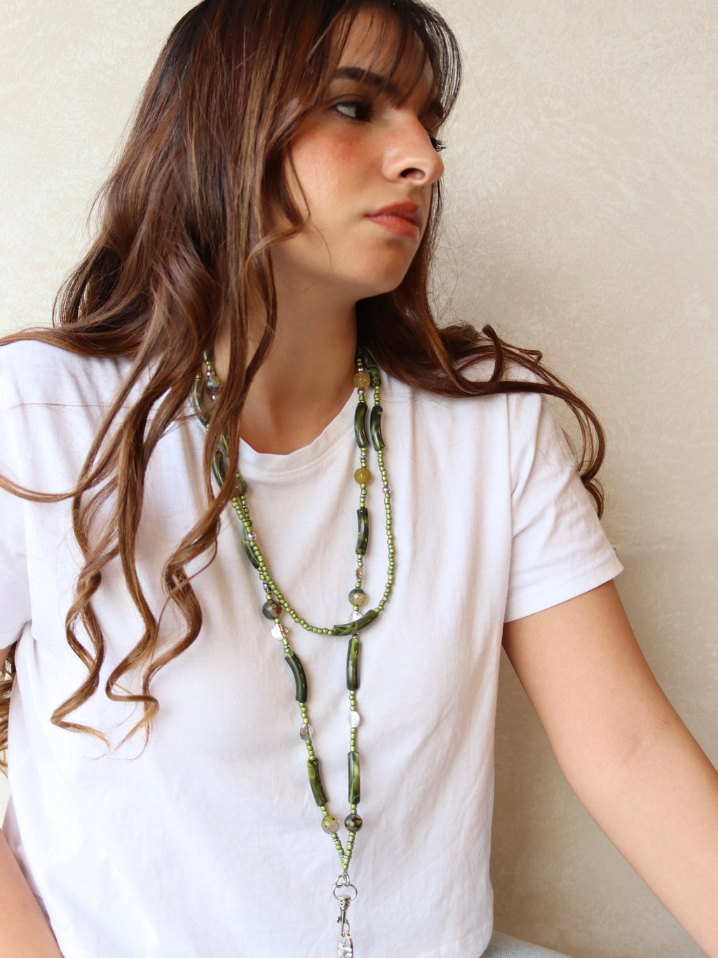 agate and green beads mobile charm with silver metal