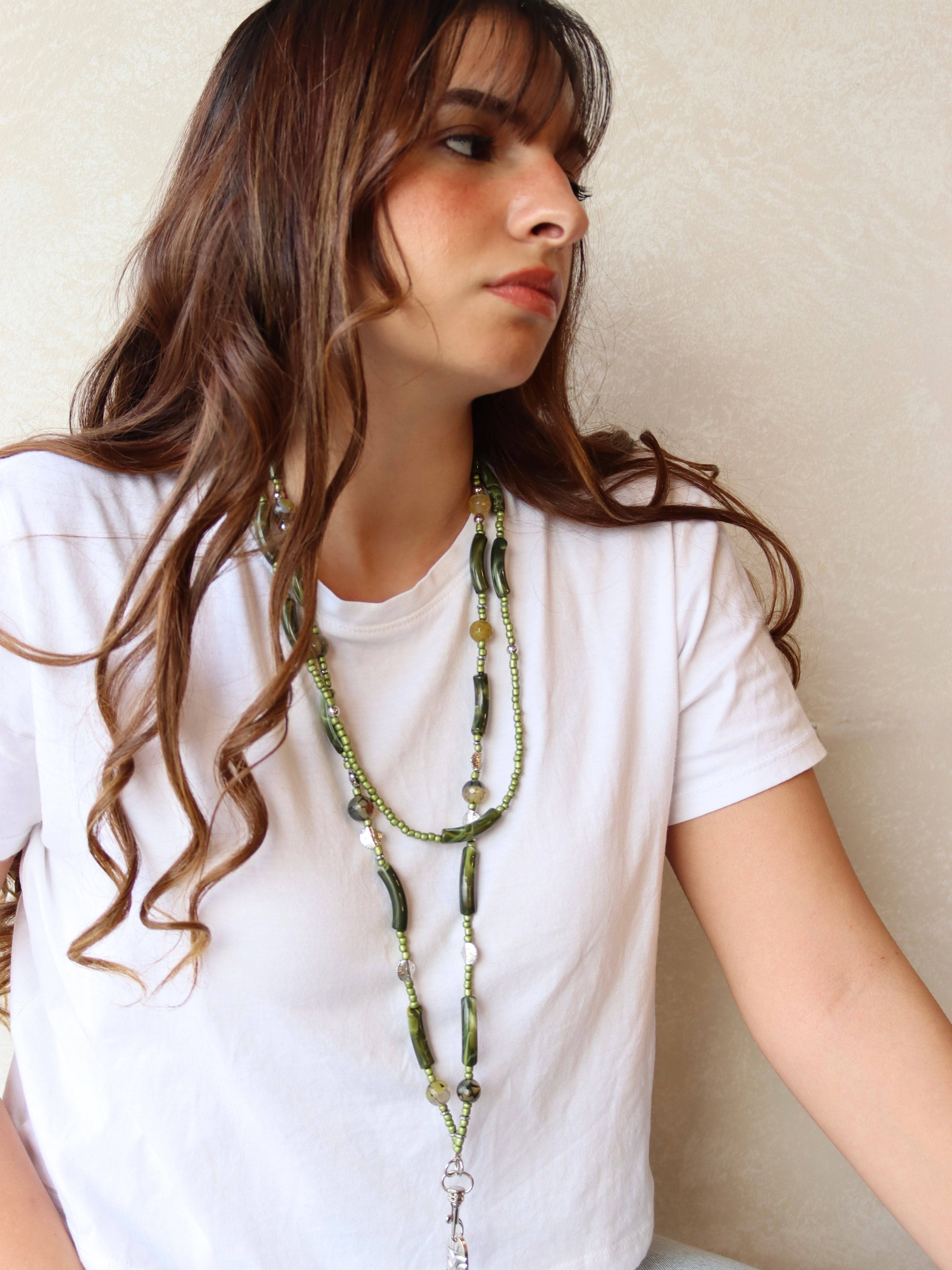 agate and green beads mobile charm with silver metal