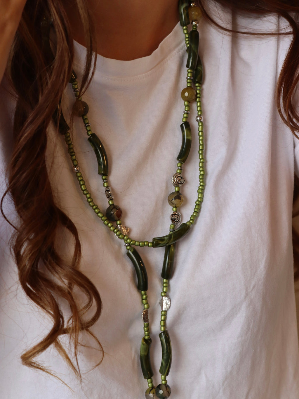 agate and green beads mobile charm with silver metal