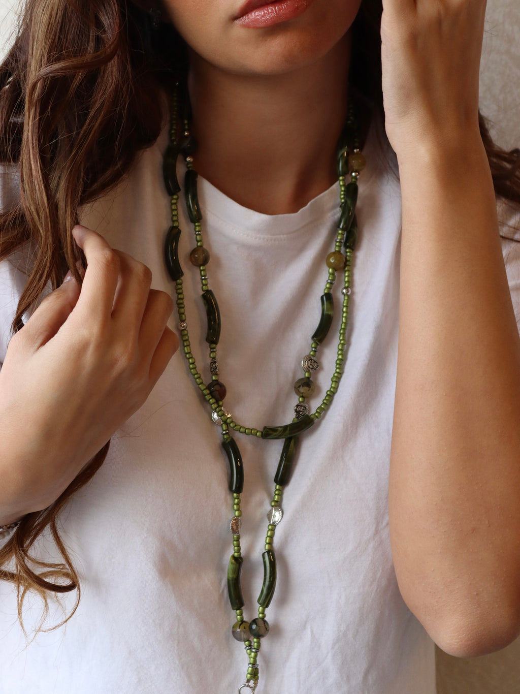 agate and green beads mobile charm with silver metal