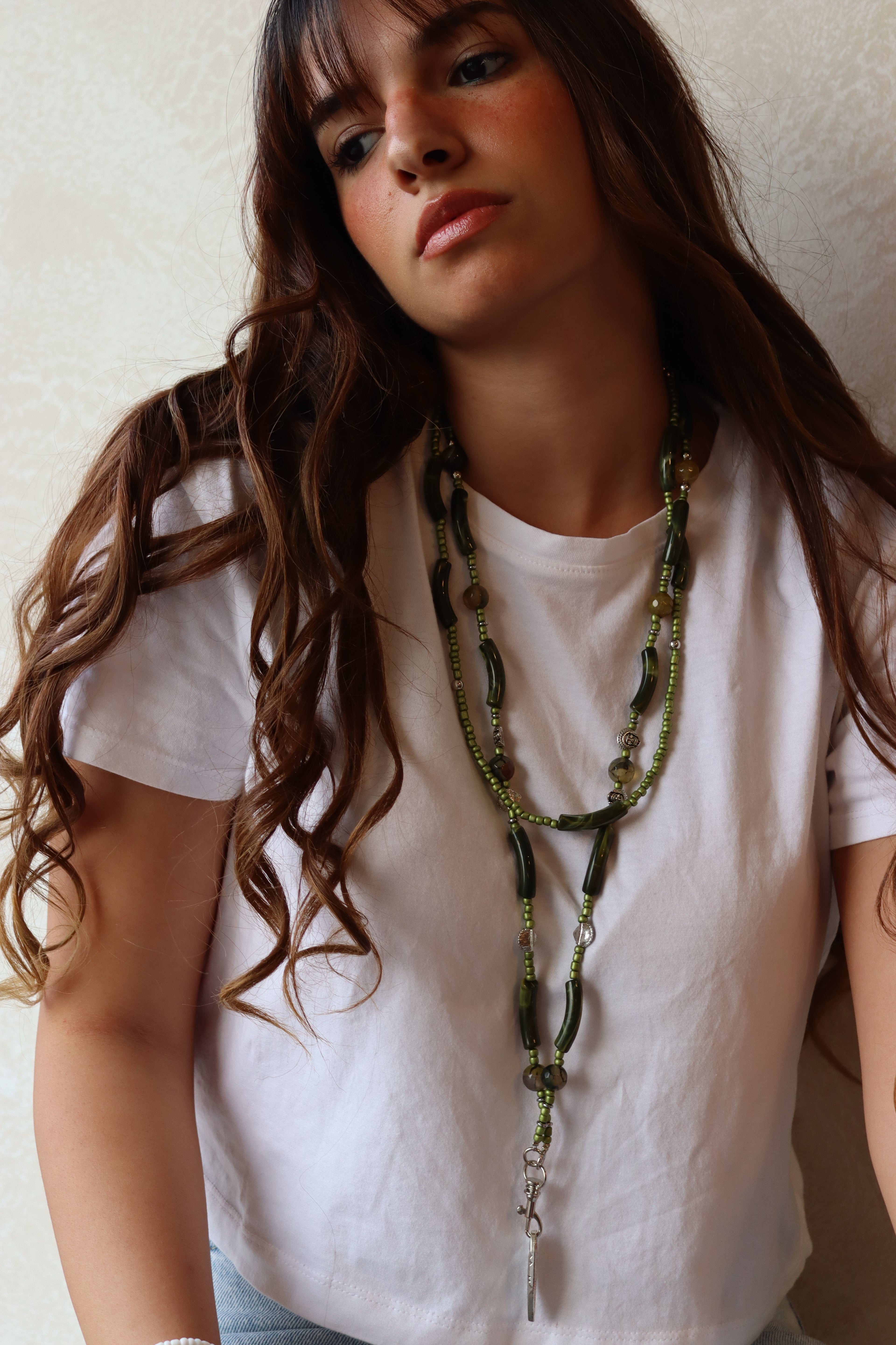 agate and green beads mobile charm with silver metal