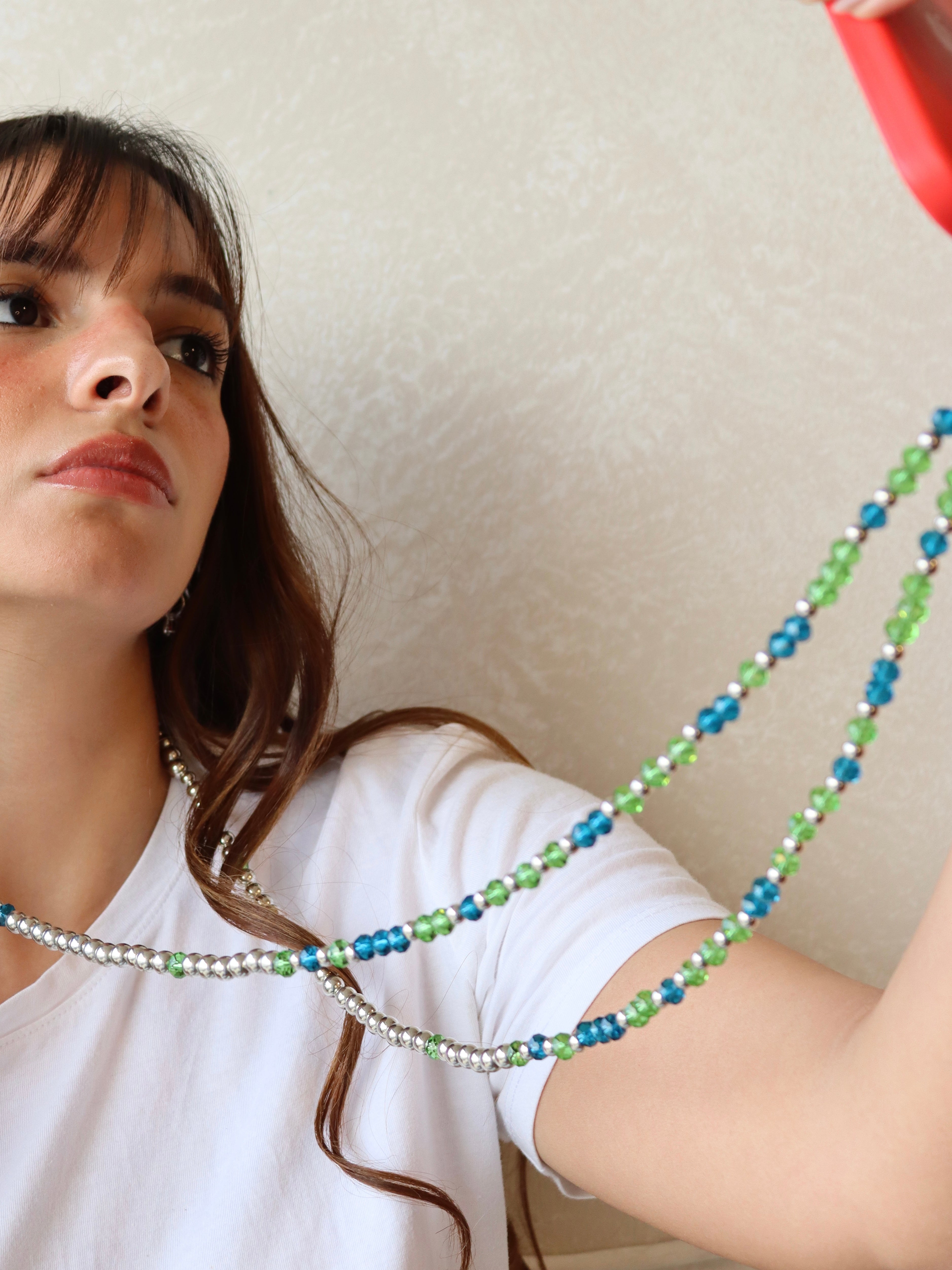 blue and green crystal mobile chain with silver metal