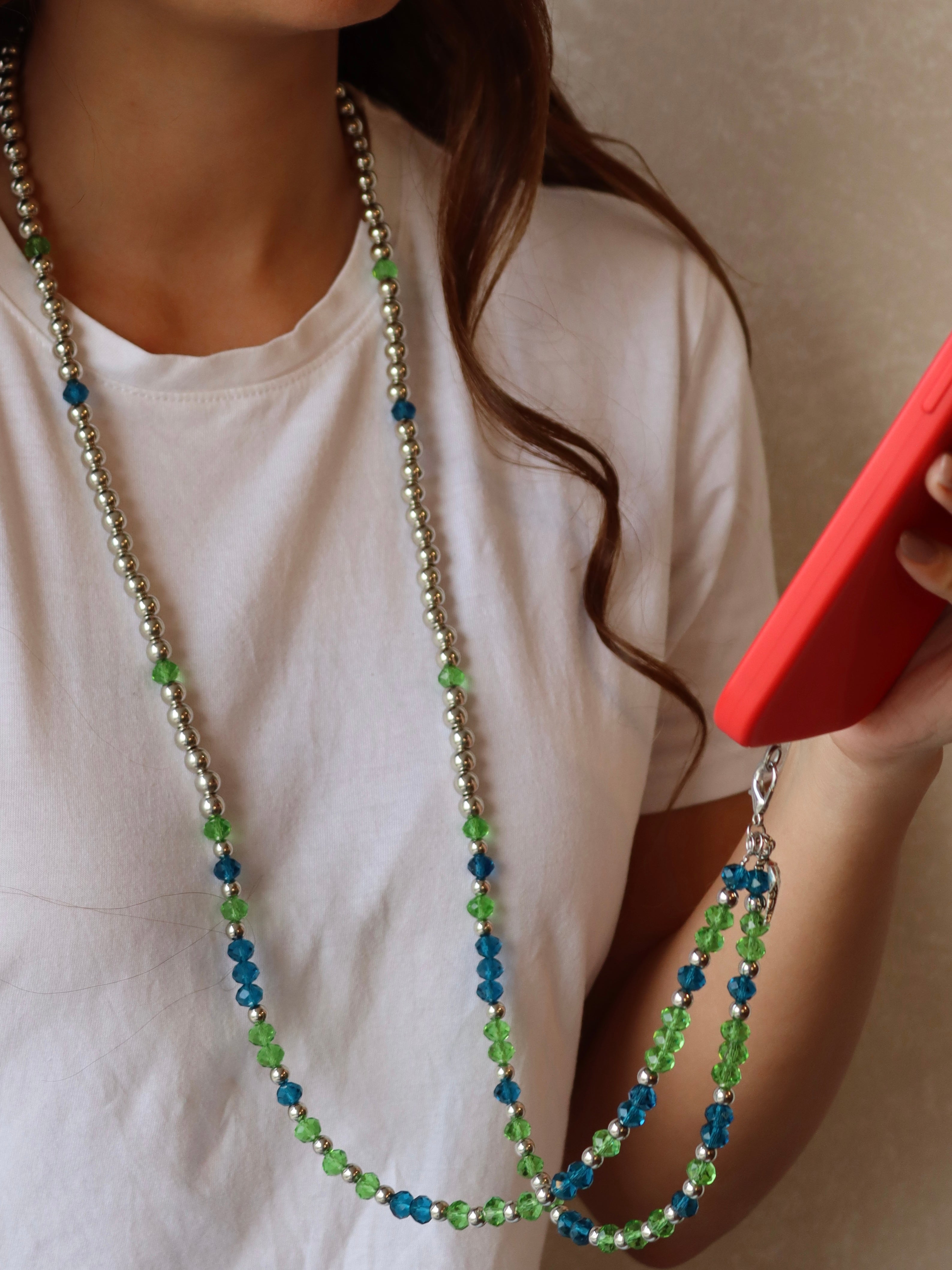 blue and green crystal mobile chain with silver metal