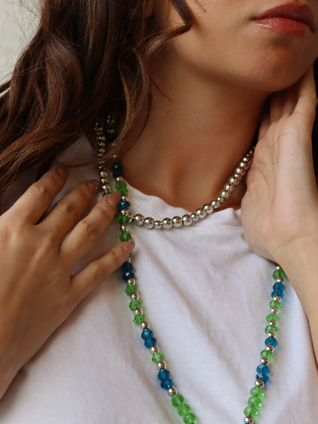 Blue and green crystal mobile chain with silver accents | J187