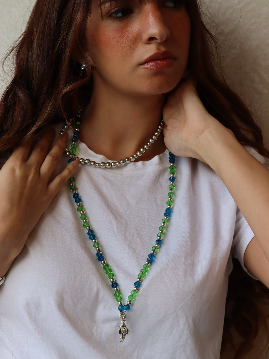 Blue and green crystal mobile chain with silver accents | J187