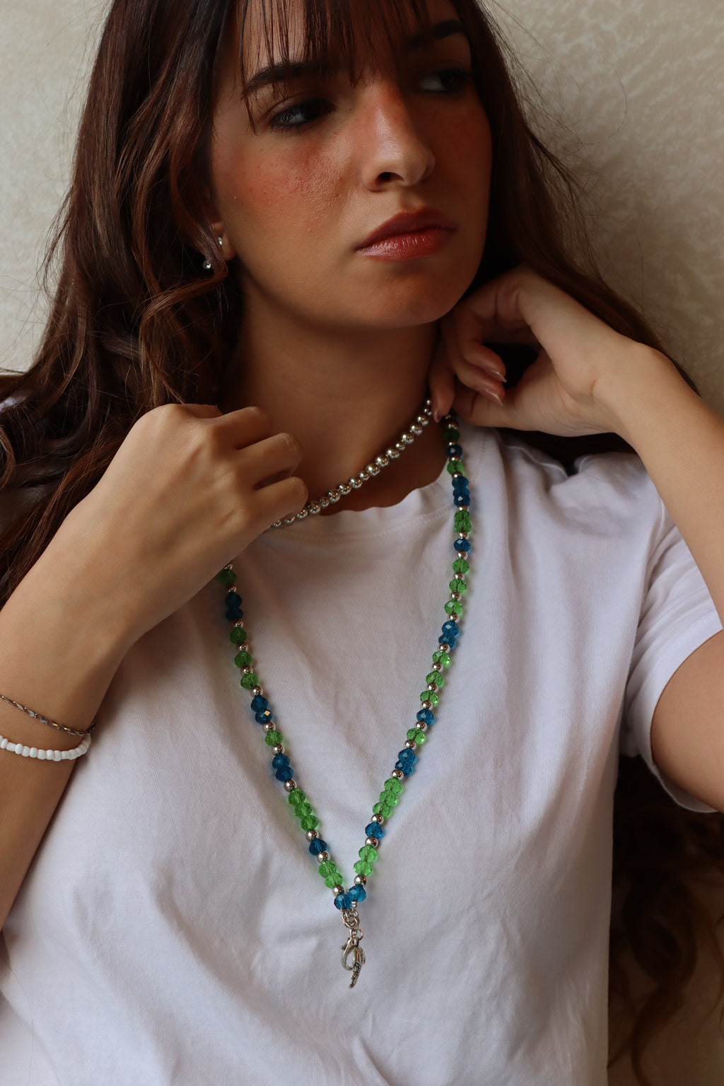 Blue and green crystal mobile chain with silver accents | J187
