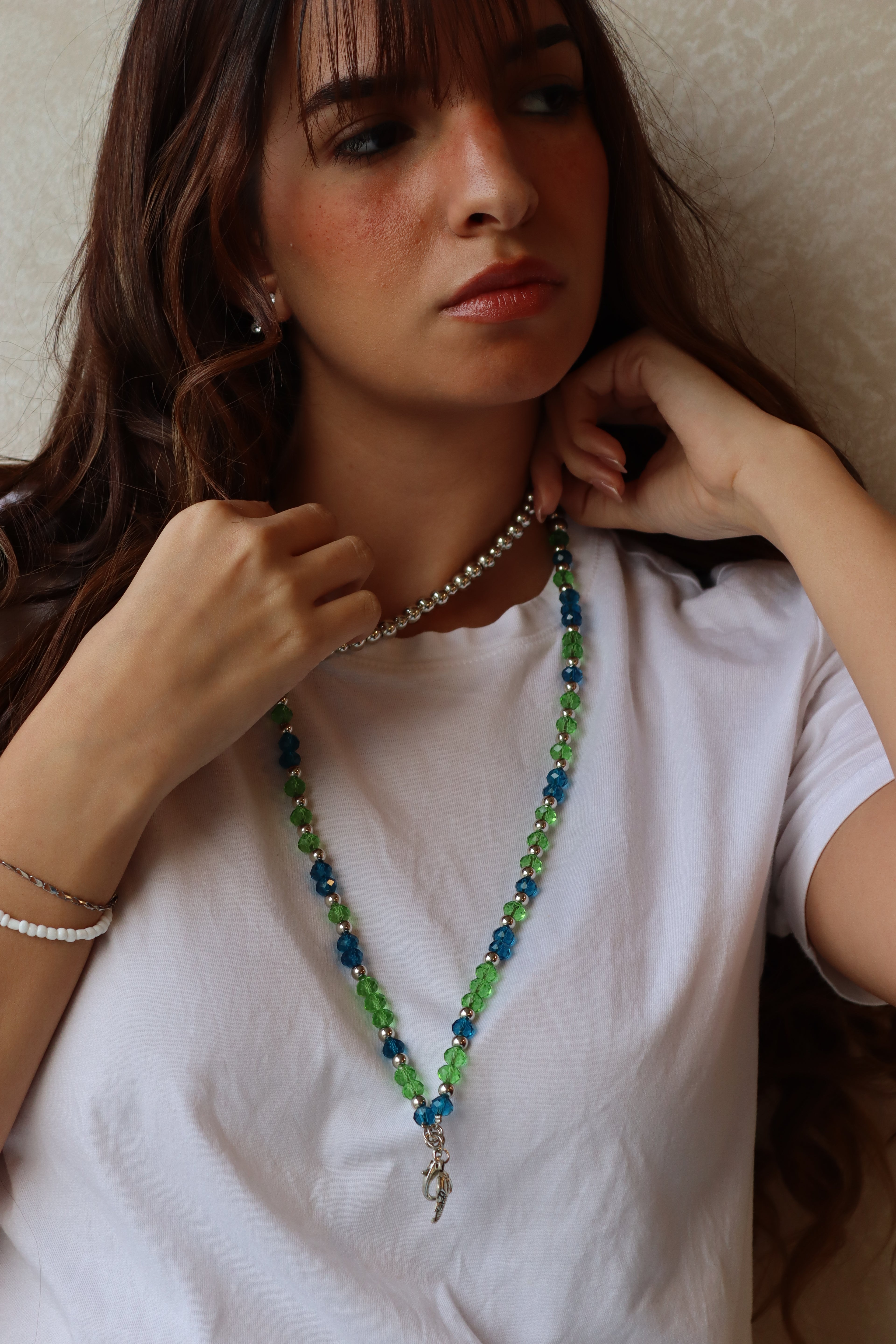 blue and green crystal mobile chain with silver metal