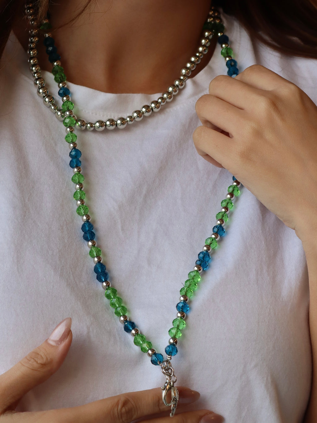 Blue and green crystal mobile chain with silver accents | J187