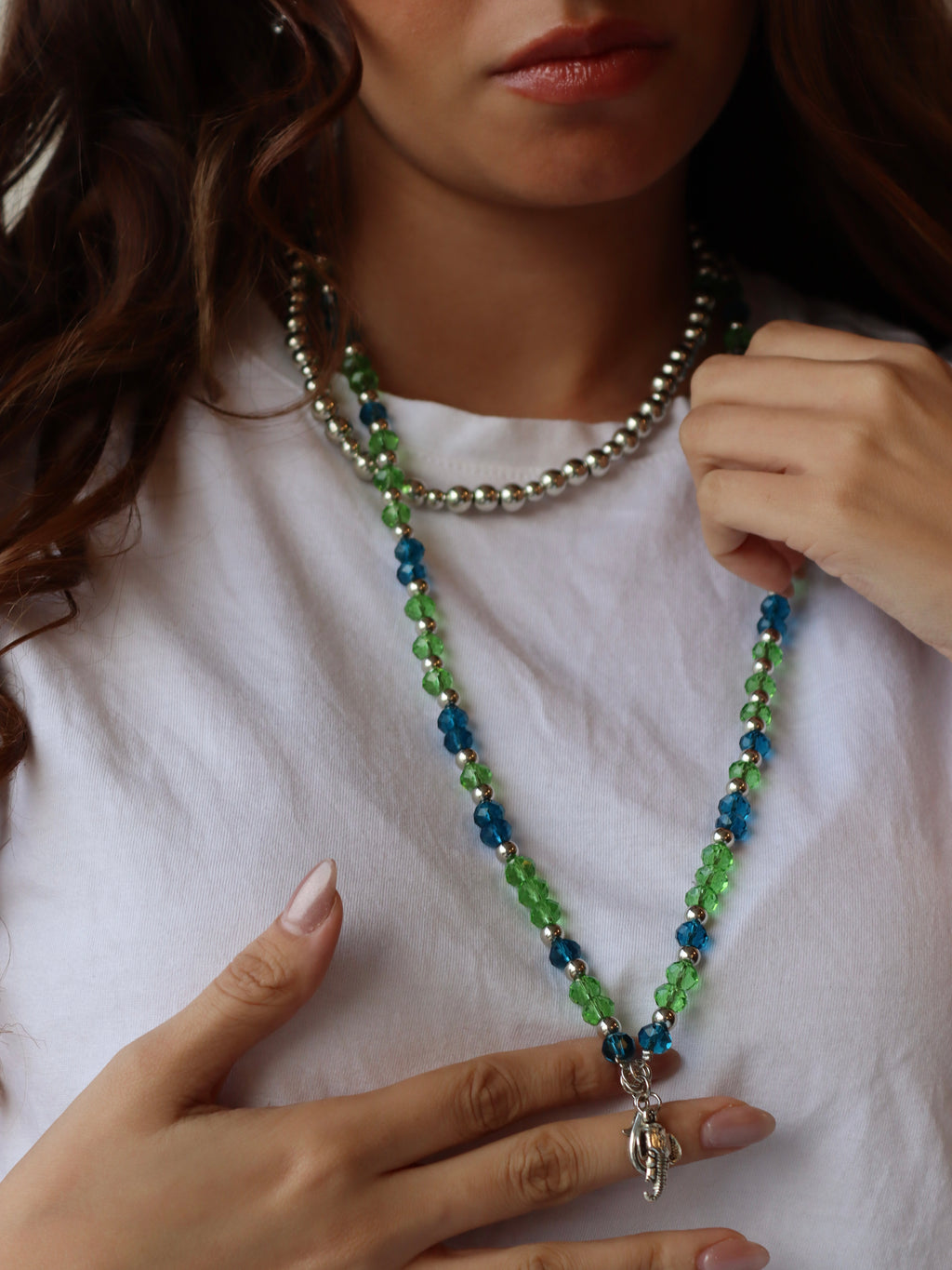 Blue and green crystal mobile chain with silver accents | J187