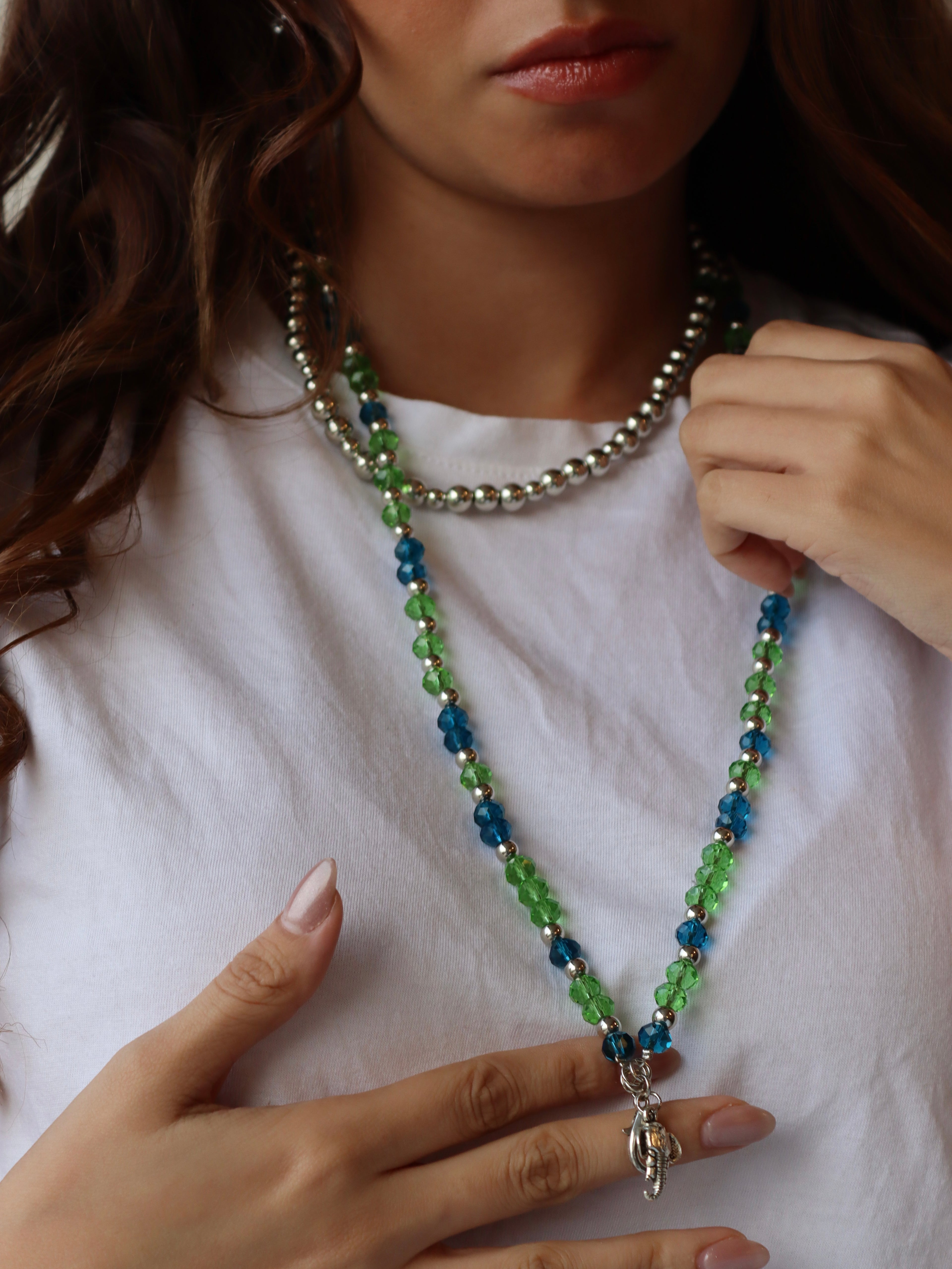 blue and green crystal mobile chain with silver metal
