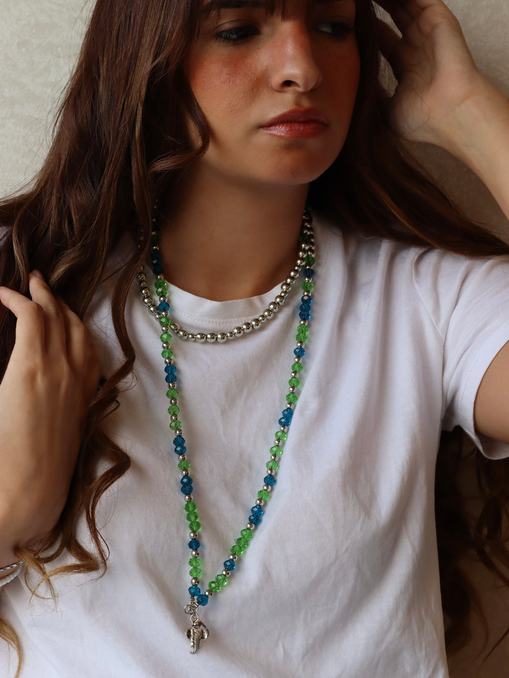 Blue and green crystal mobile chain with silver accents | J187