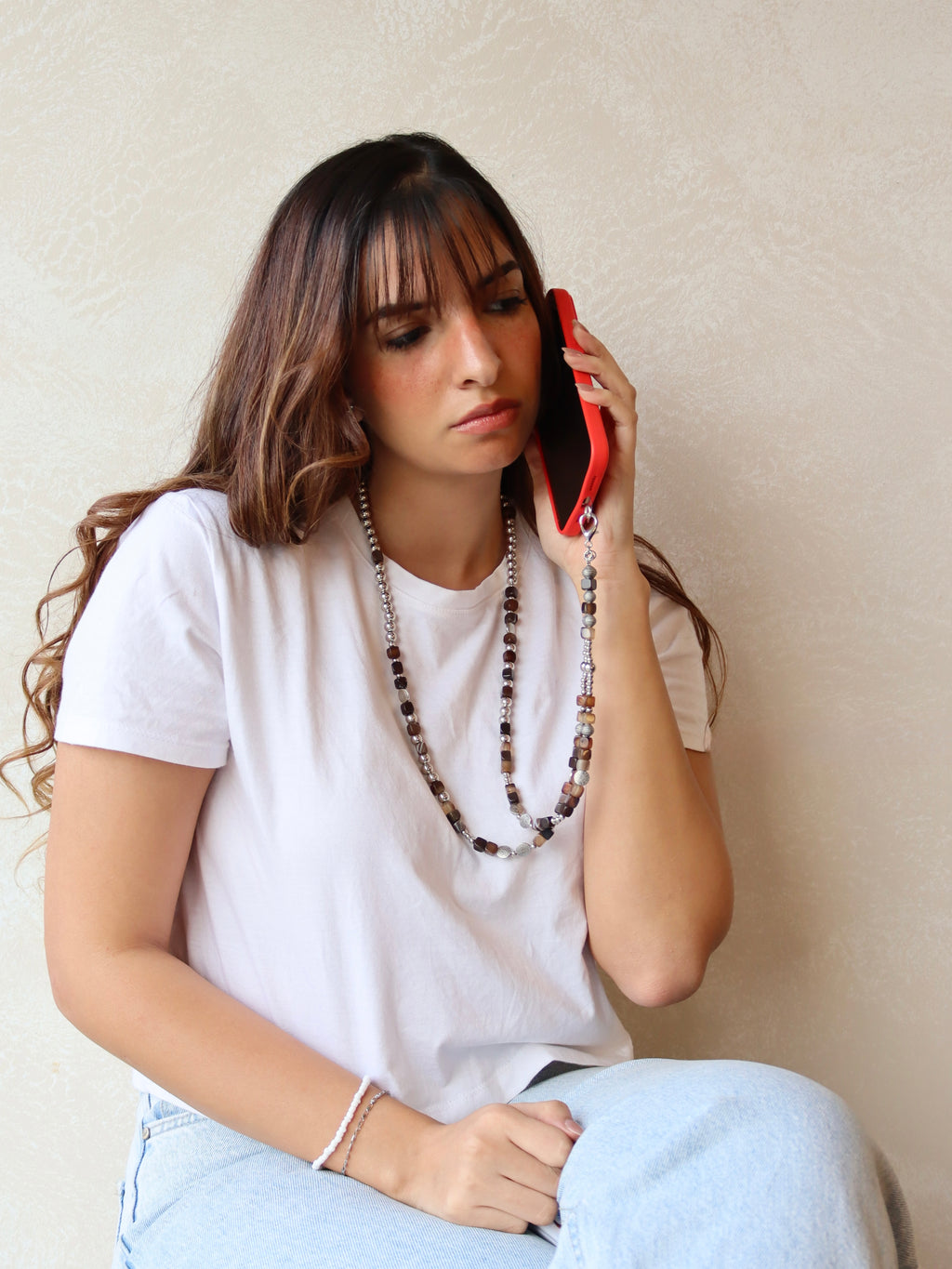 agate and silver metal mobile chain