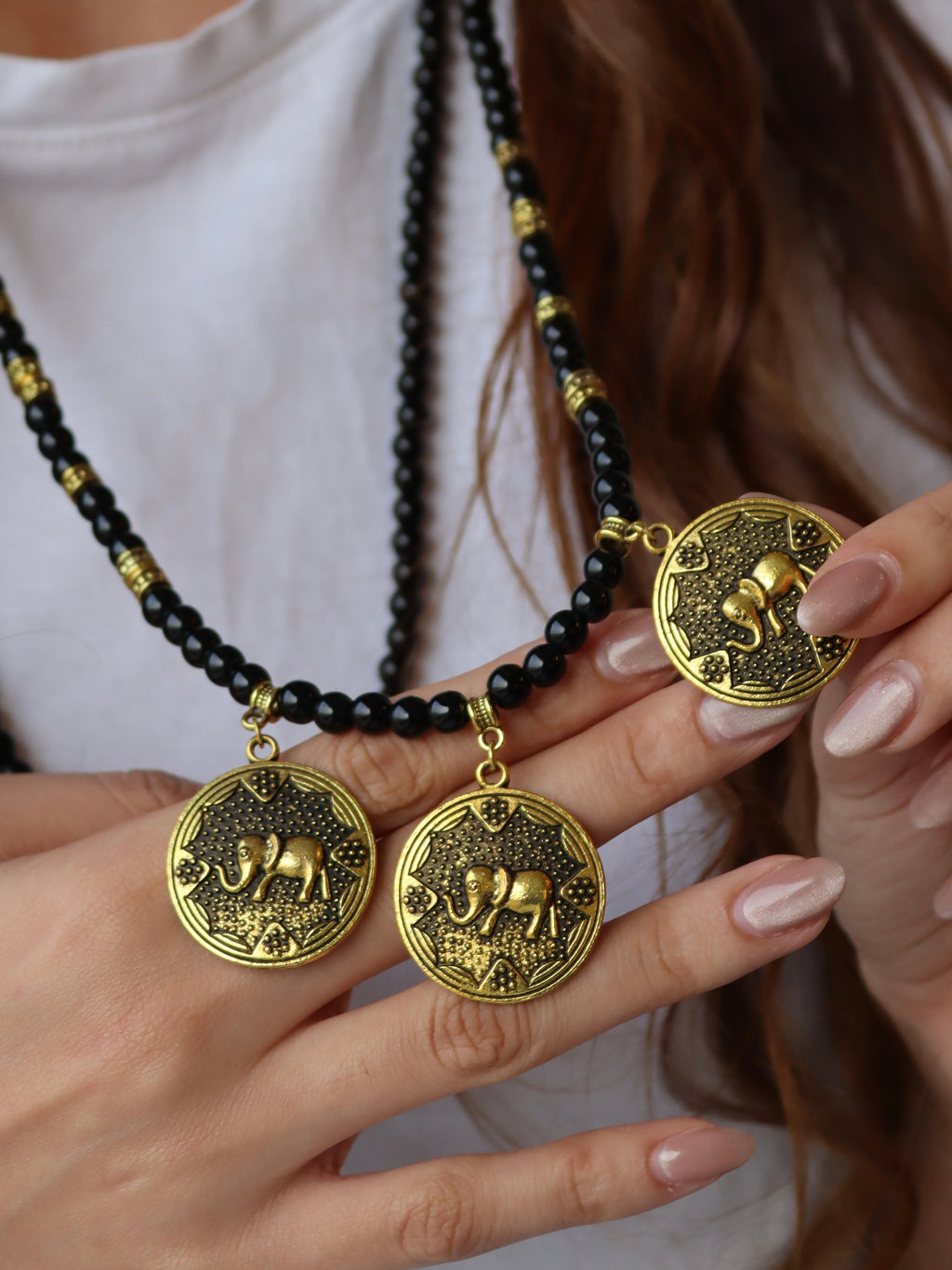 Black layered necklace with gold accents | Handmade jewelry