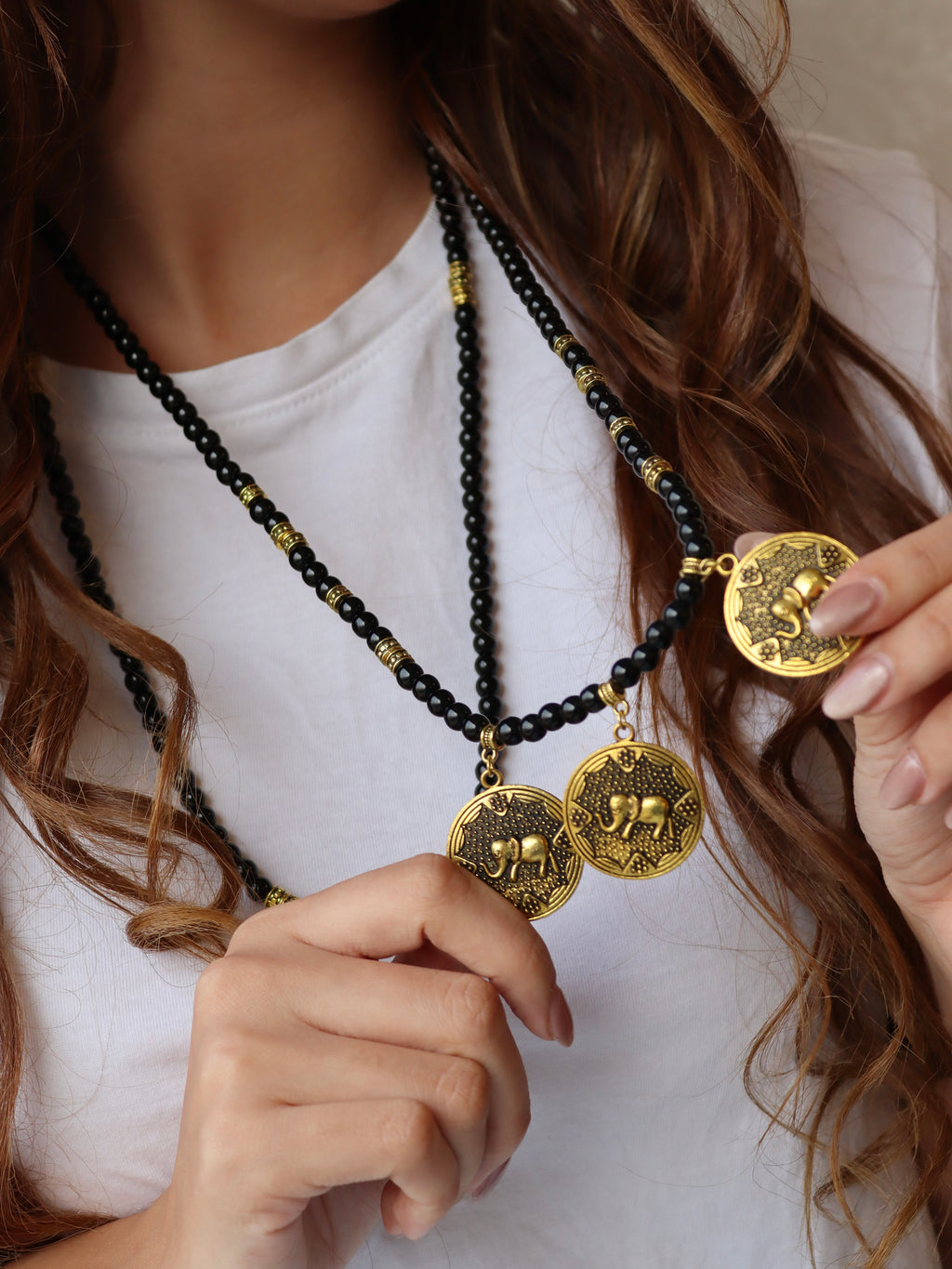 Black layered necklace with gold accents | Handmade jewelry