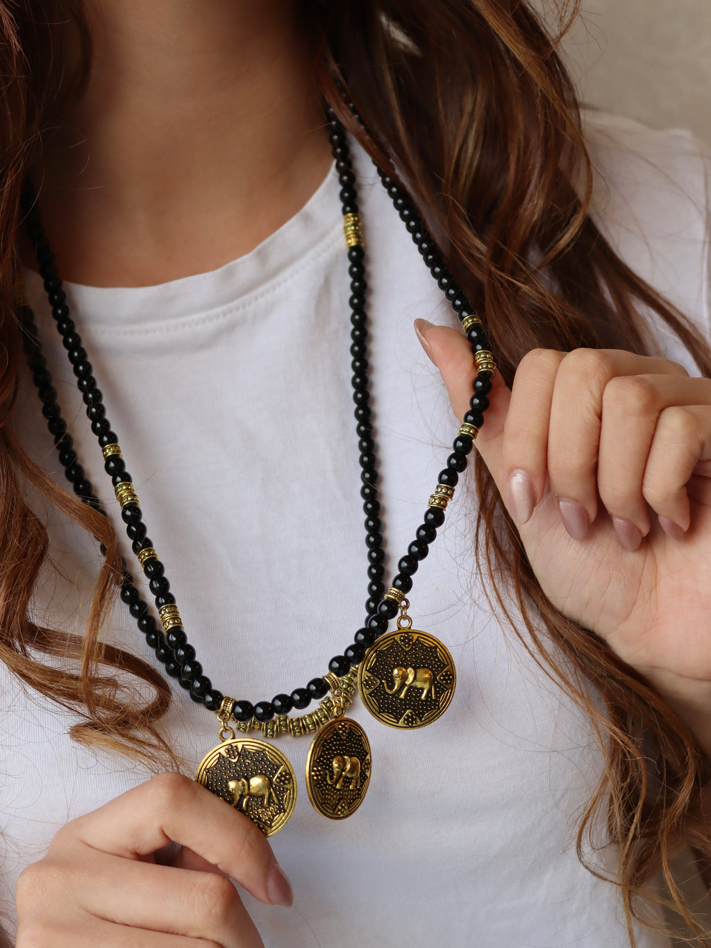 Black layered necklace with gold accents | Handmade jewelry