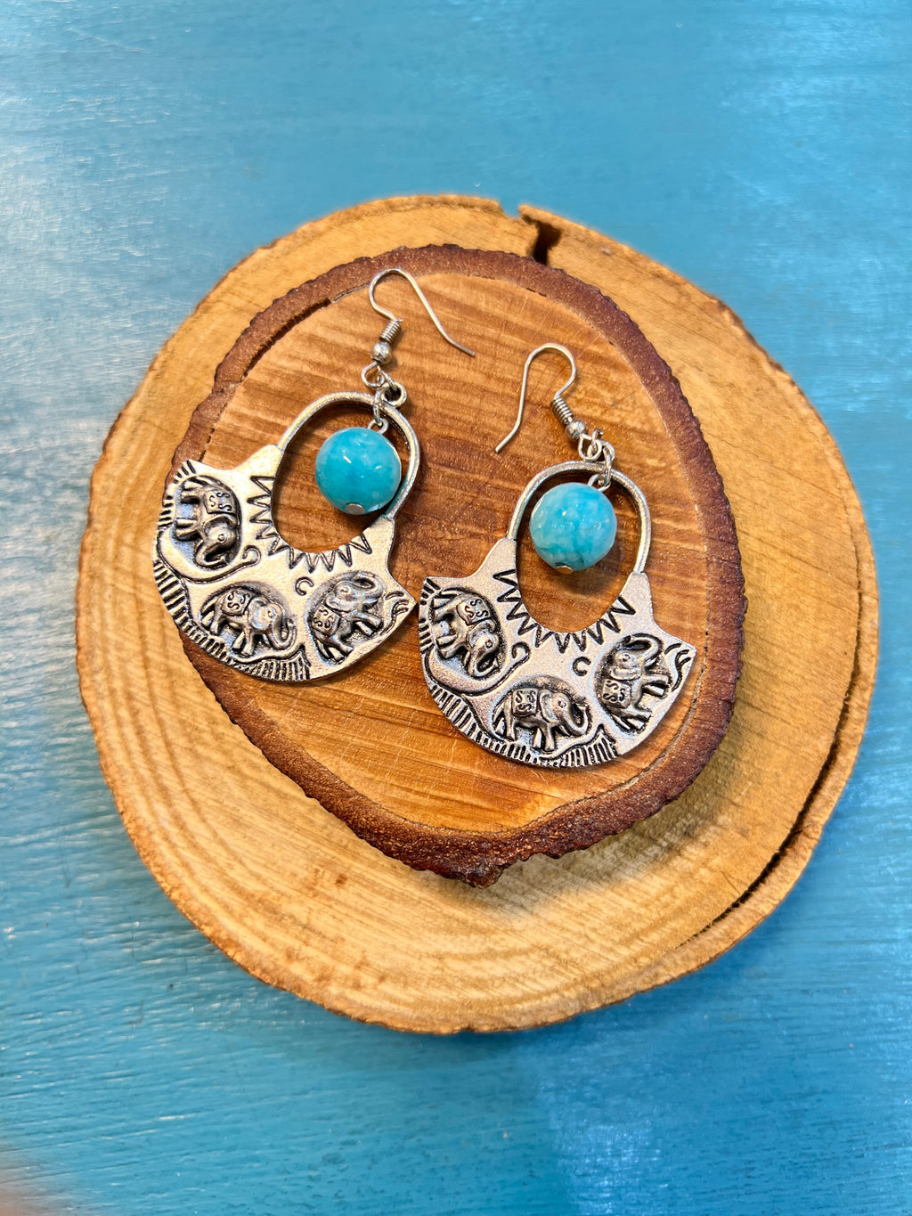 silver elephant with baby blue agate earrings | J241