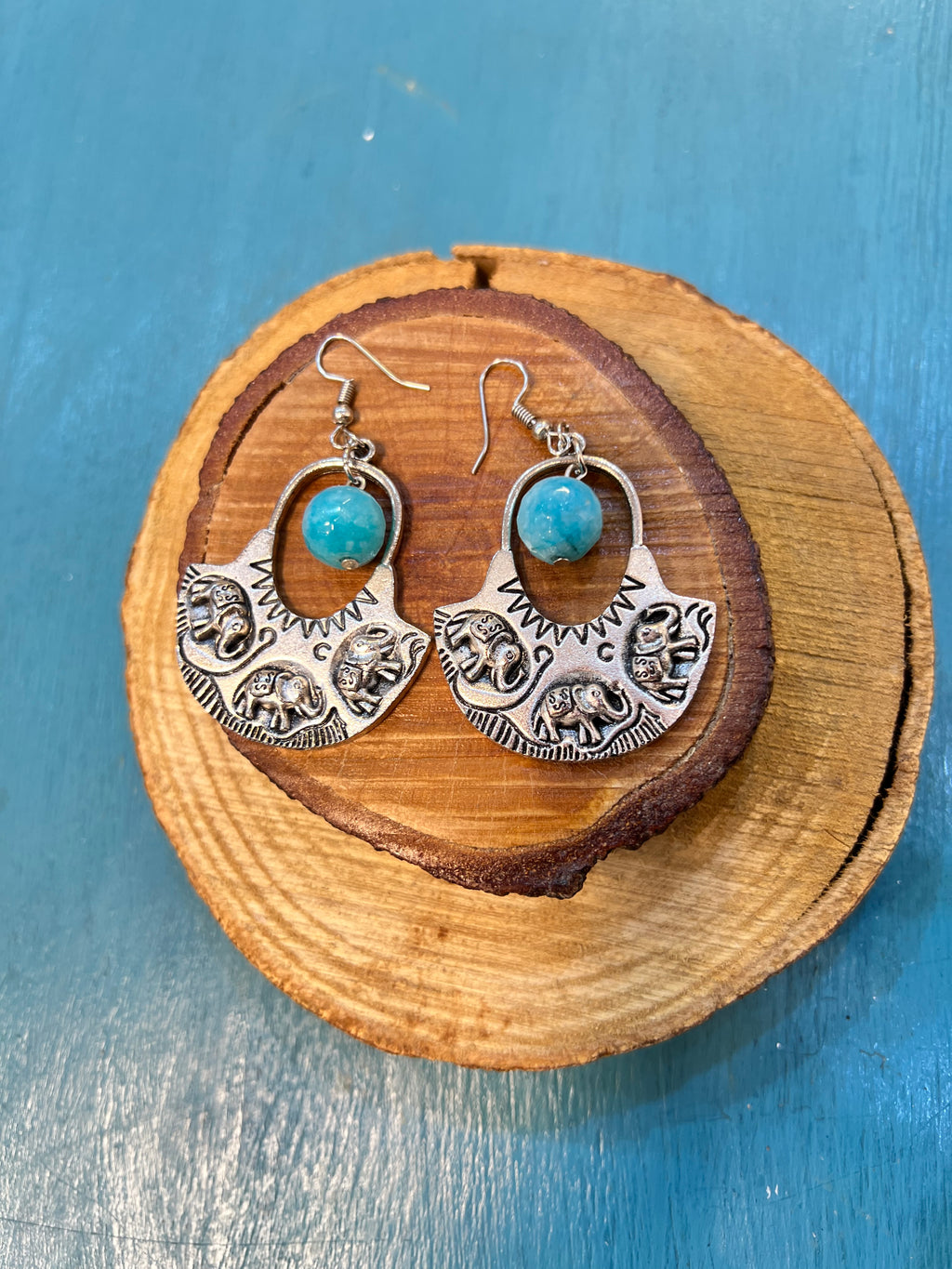 silver elephant with baby blue agate earrings | J241