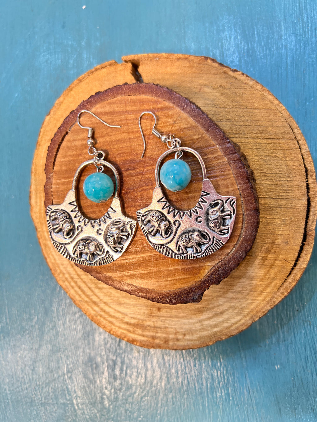 silver elephant with baby blue agate earrings | J241
