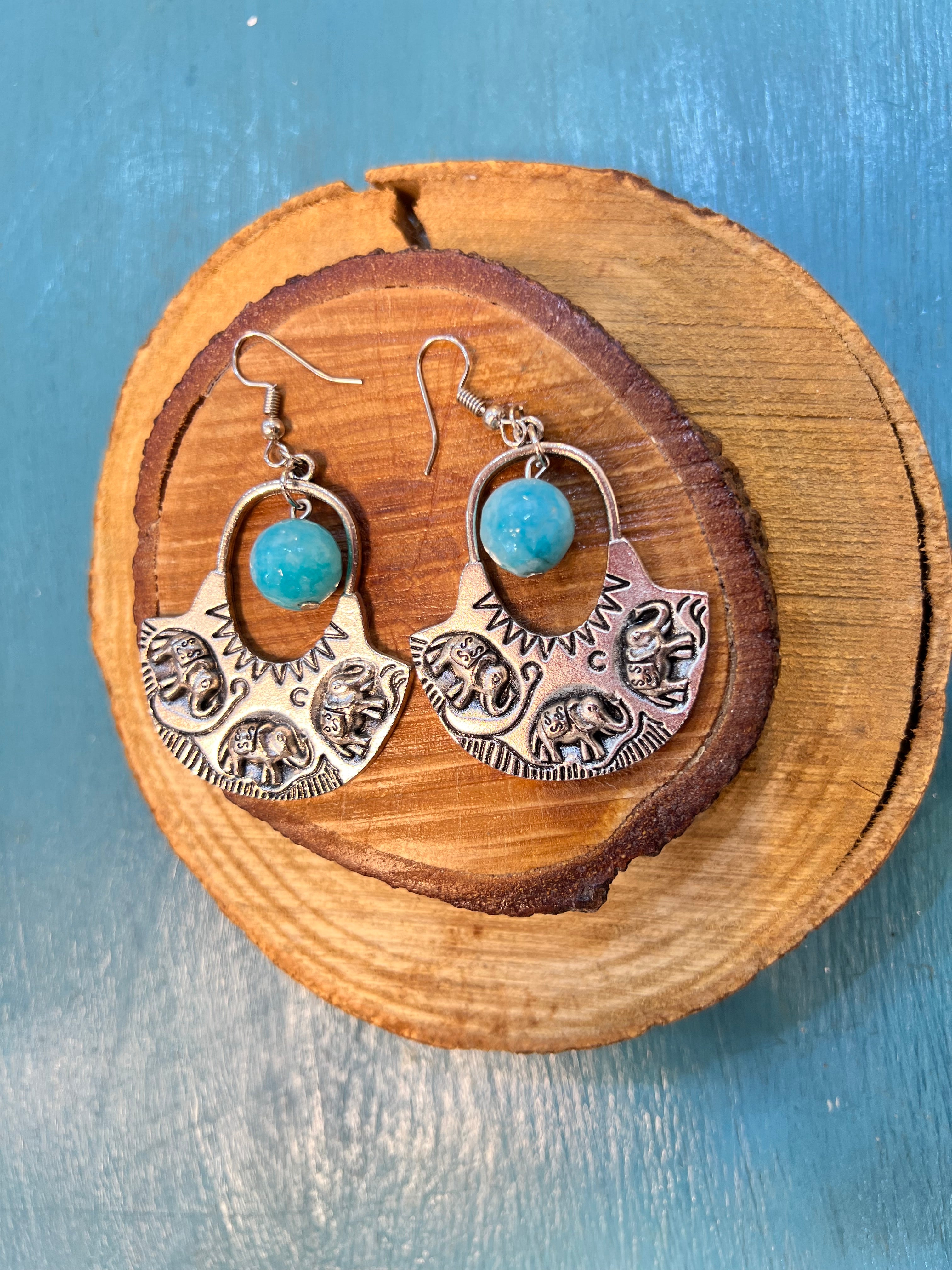 silver elephant with baby blue agate earrings | J241