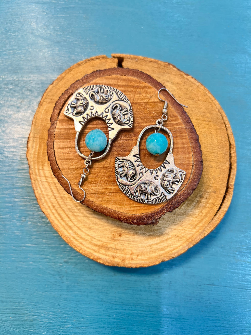 silver elephant with baby blue agate earrings | J241