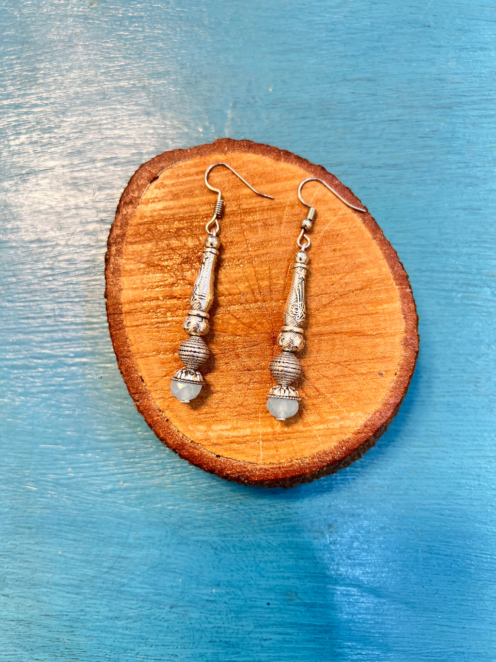 silver with baby blue beads earrings | J239