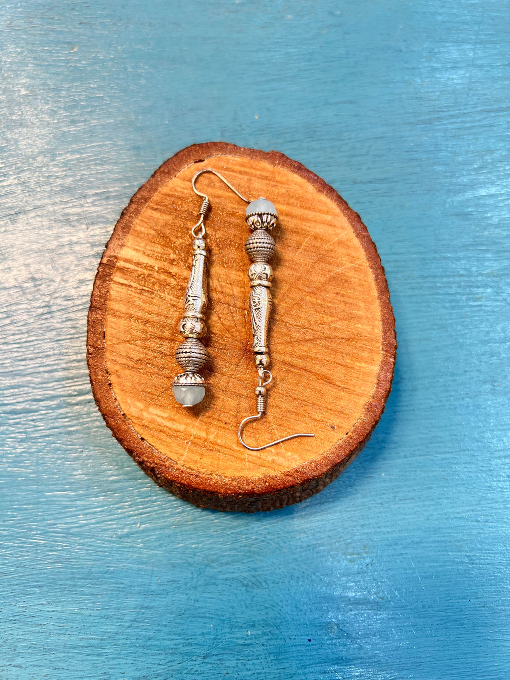 silver with baby blue beads earrings | J239