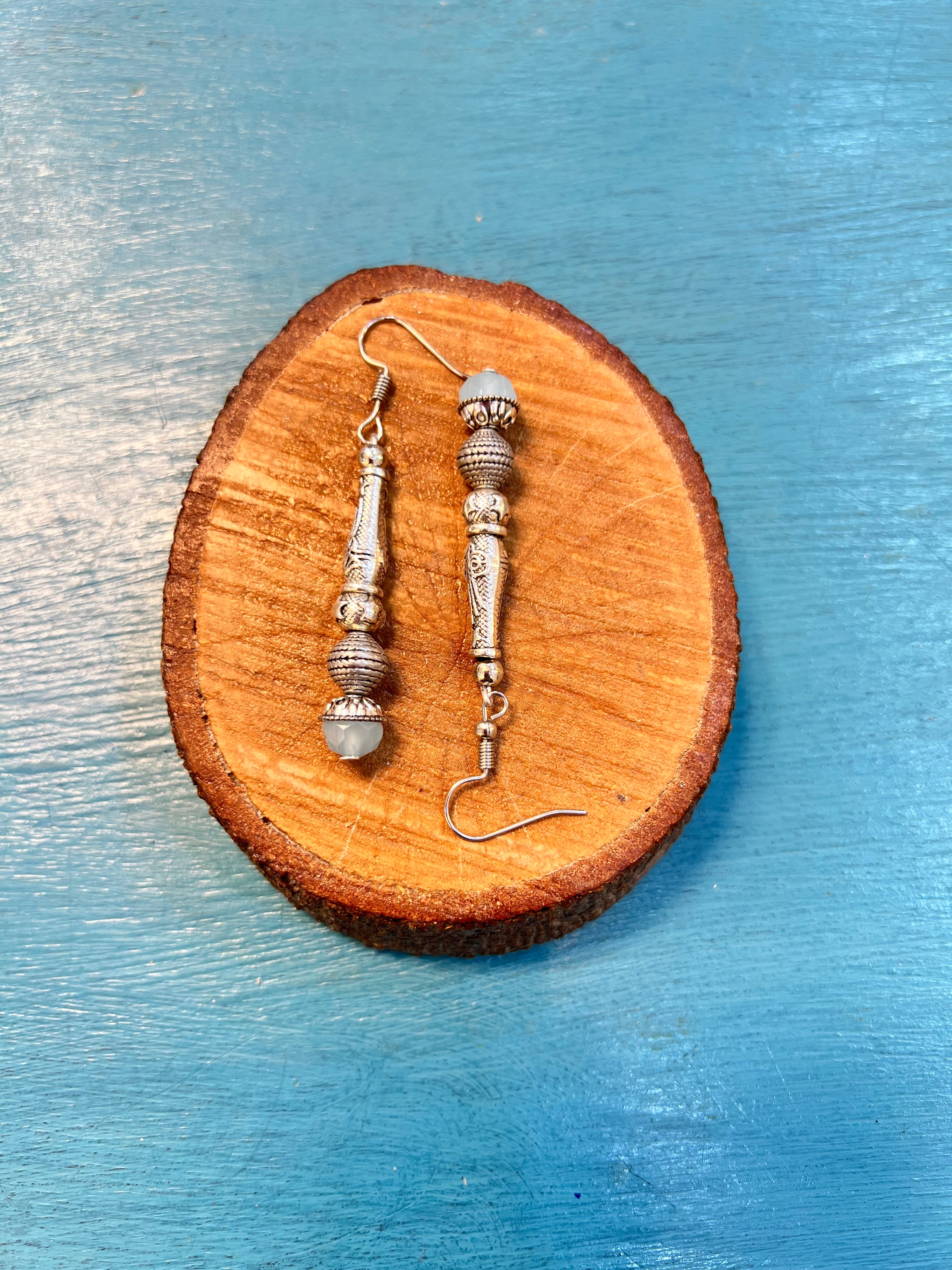 silver with baby blue beads earrings | J239