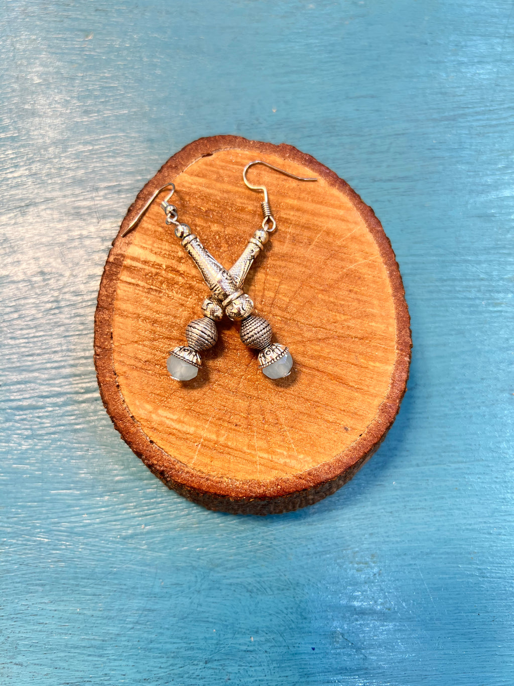 silver with baby blue beads earrings | J239