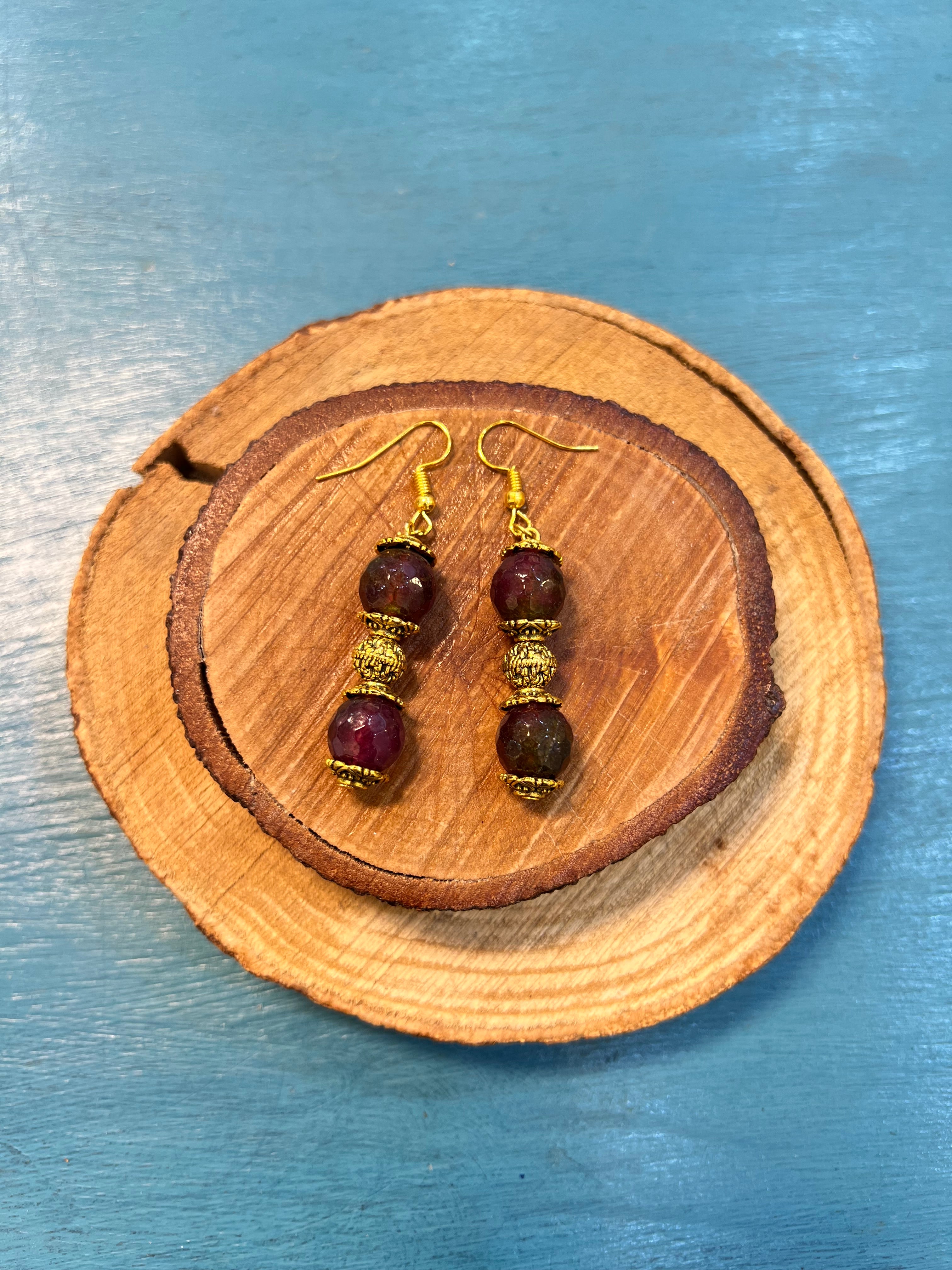 purple agate with golden metal earrings | J238