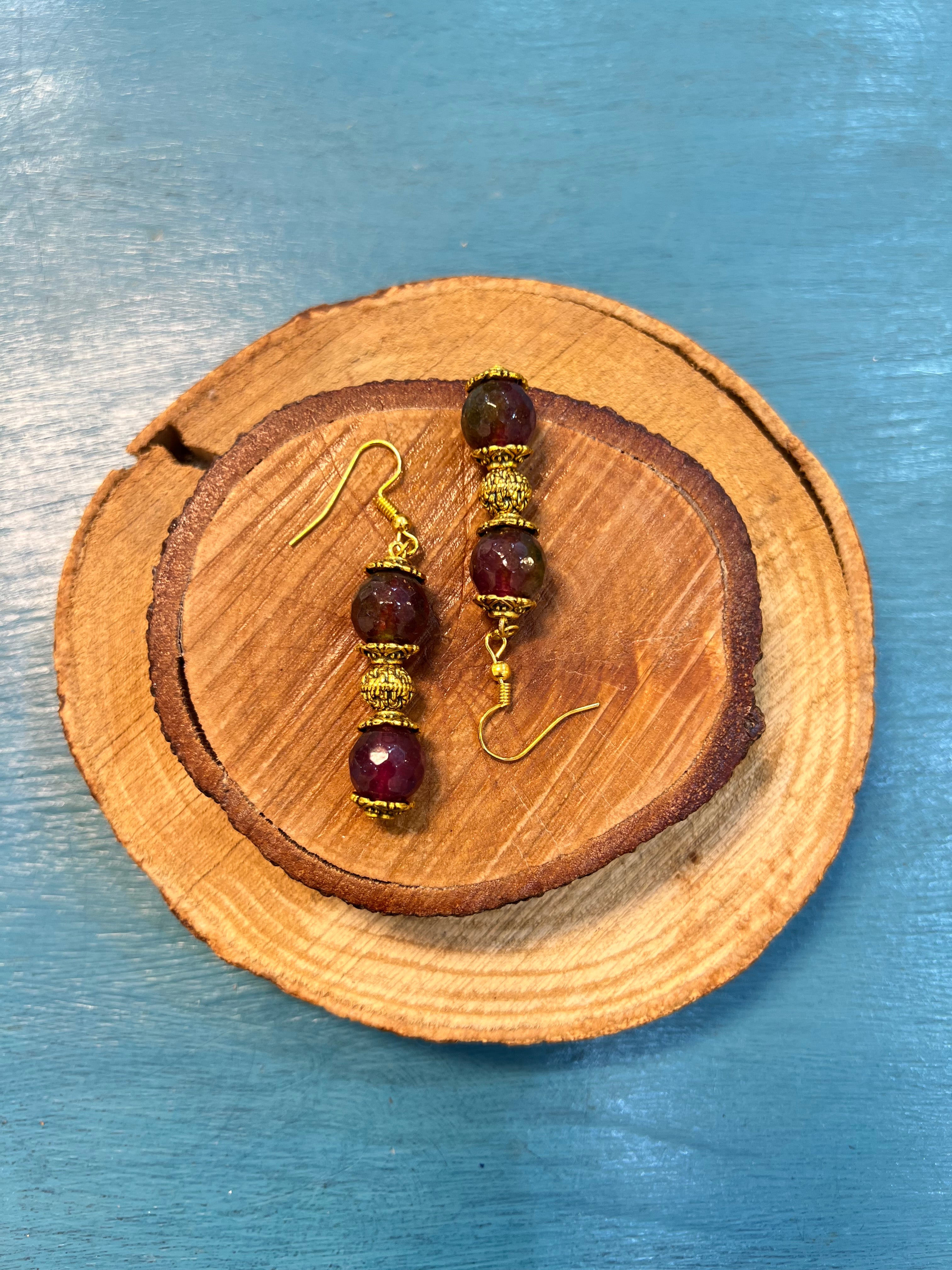 purple agate with golden metal earrings | J238