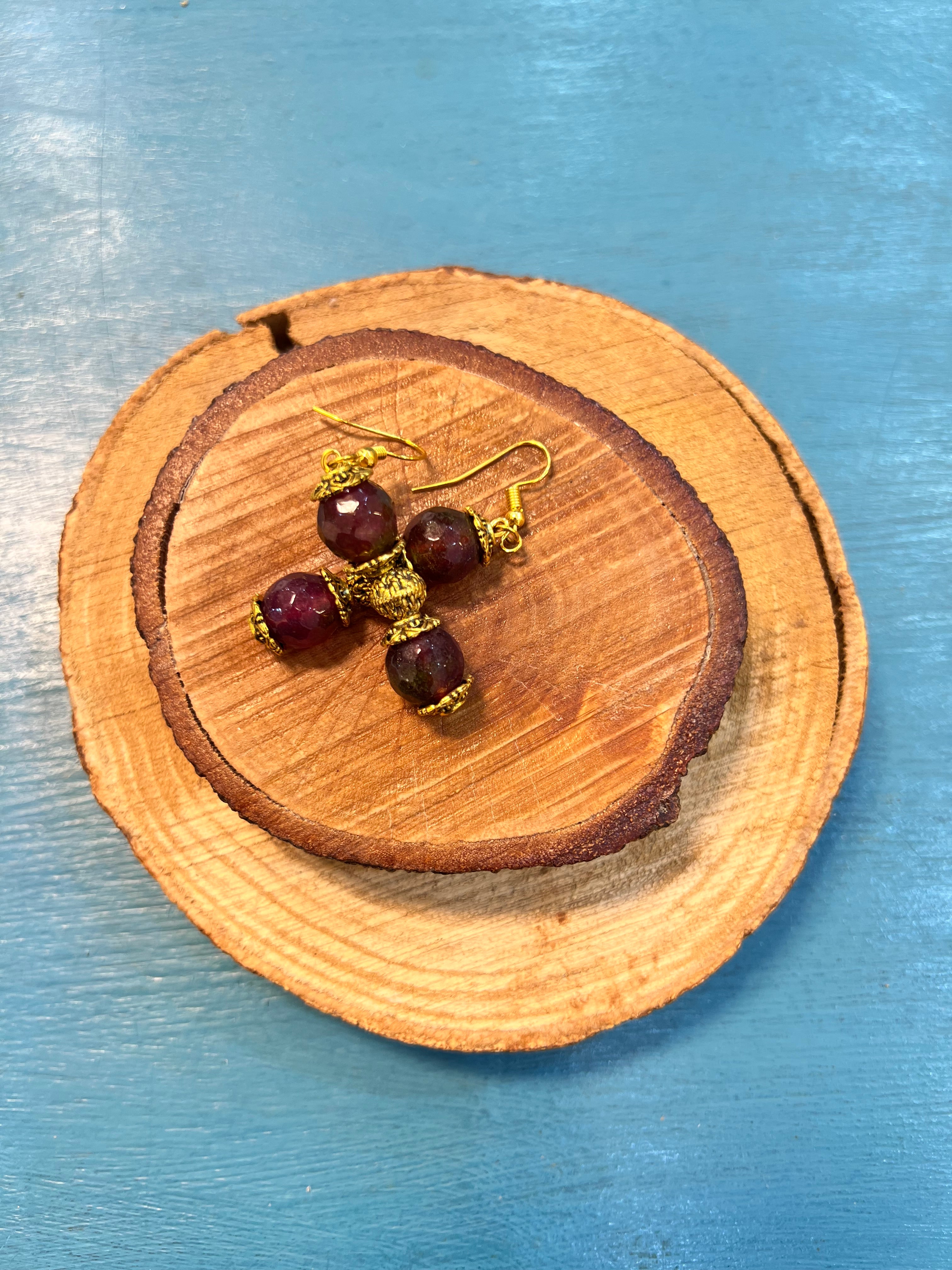 purple agate with golden metal earrings | J238