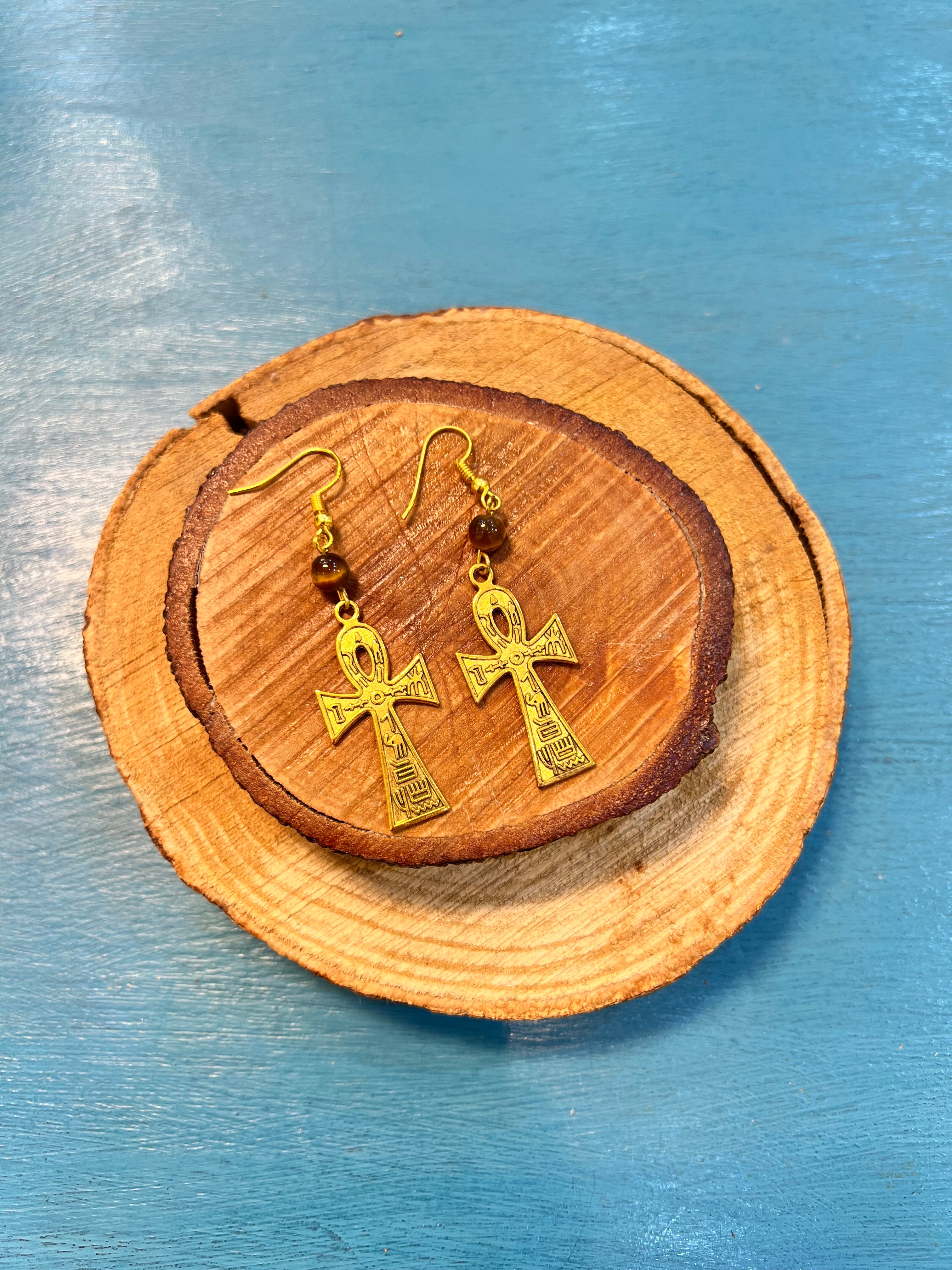 golden ankh with tigger eye earrings | J236