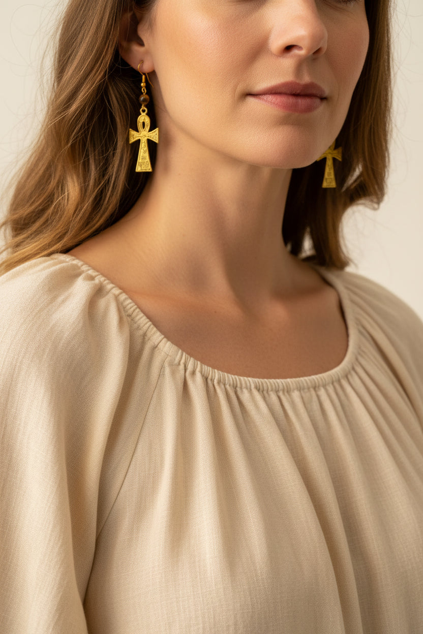 golden ankh with tigger eye earrings | J236