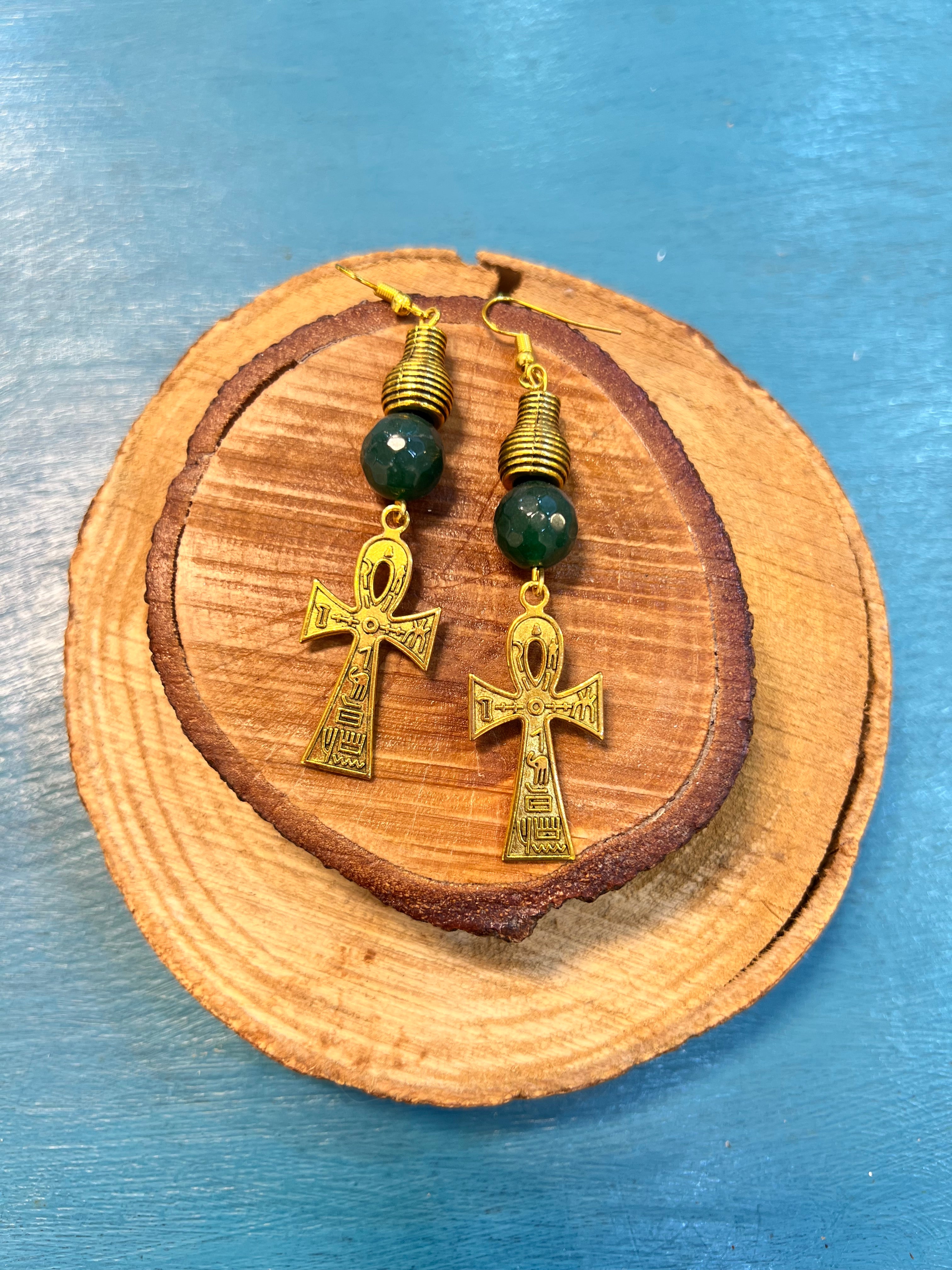 golden ankh with green agate earrings | J231