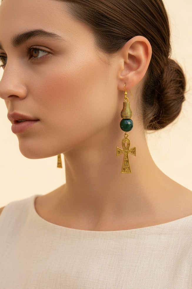 golden ankh with green agate earrings | J231