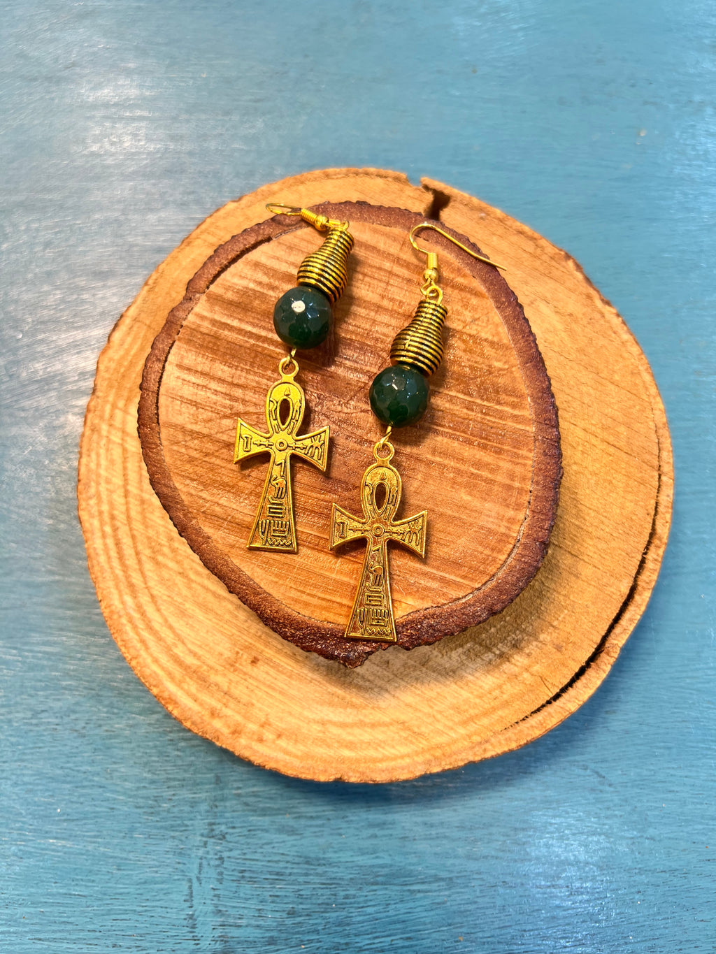 golden ankh with green agate earrings | J231