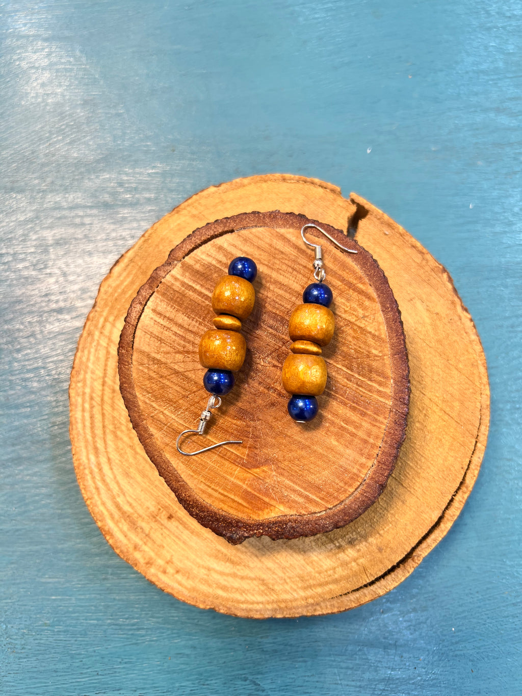 bohemian wooden earrings with blue beads | J229