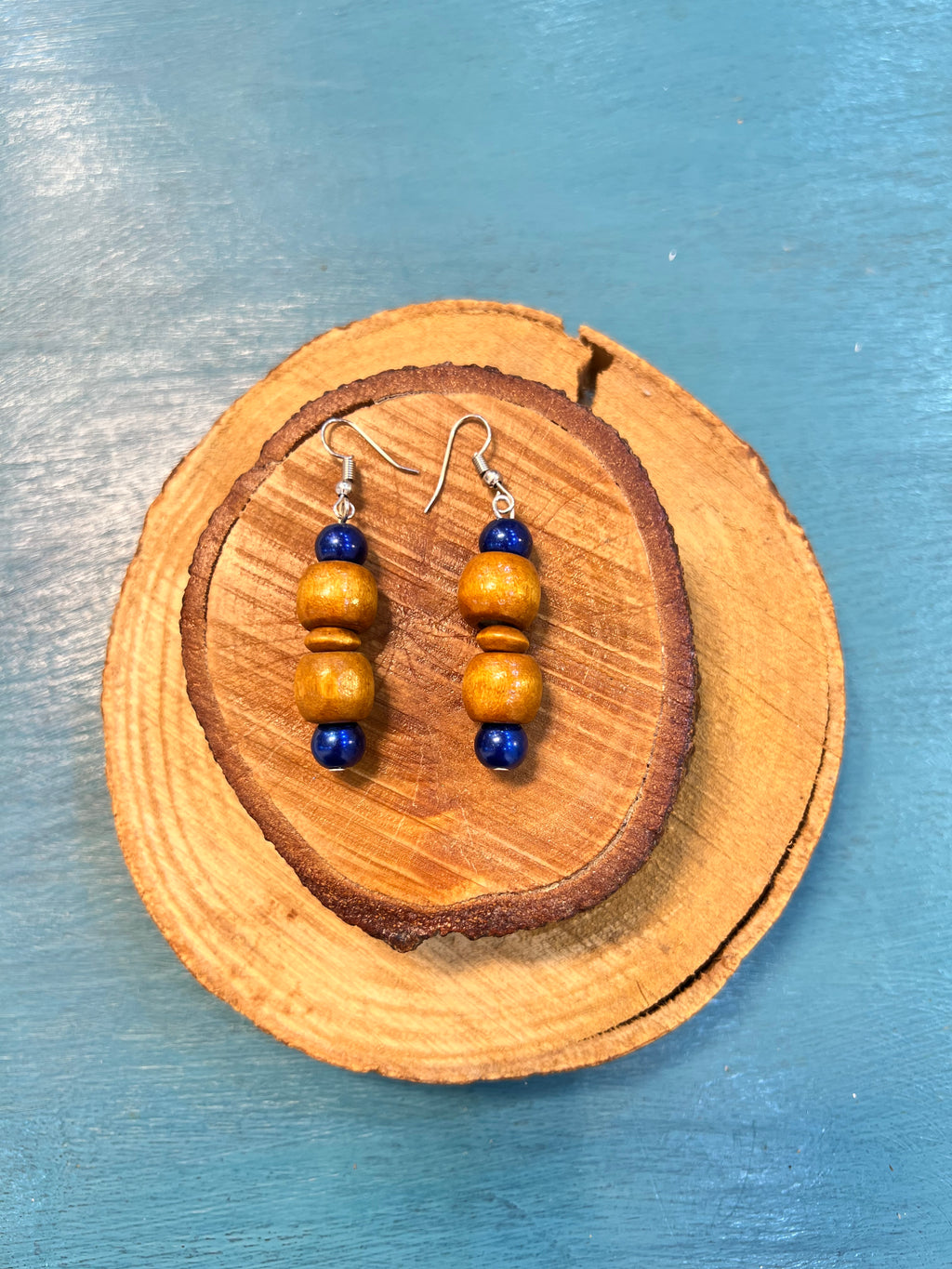 bohemian wooden earrings with blue beads | J229