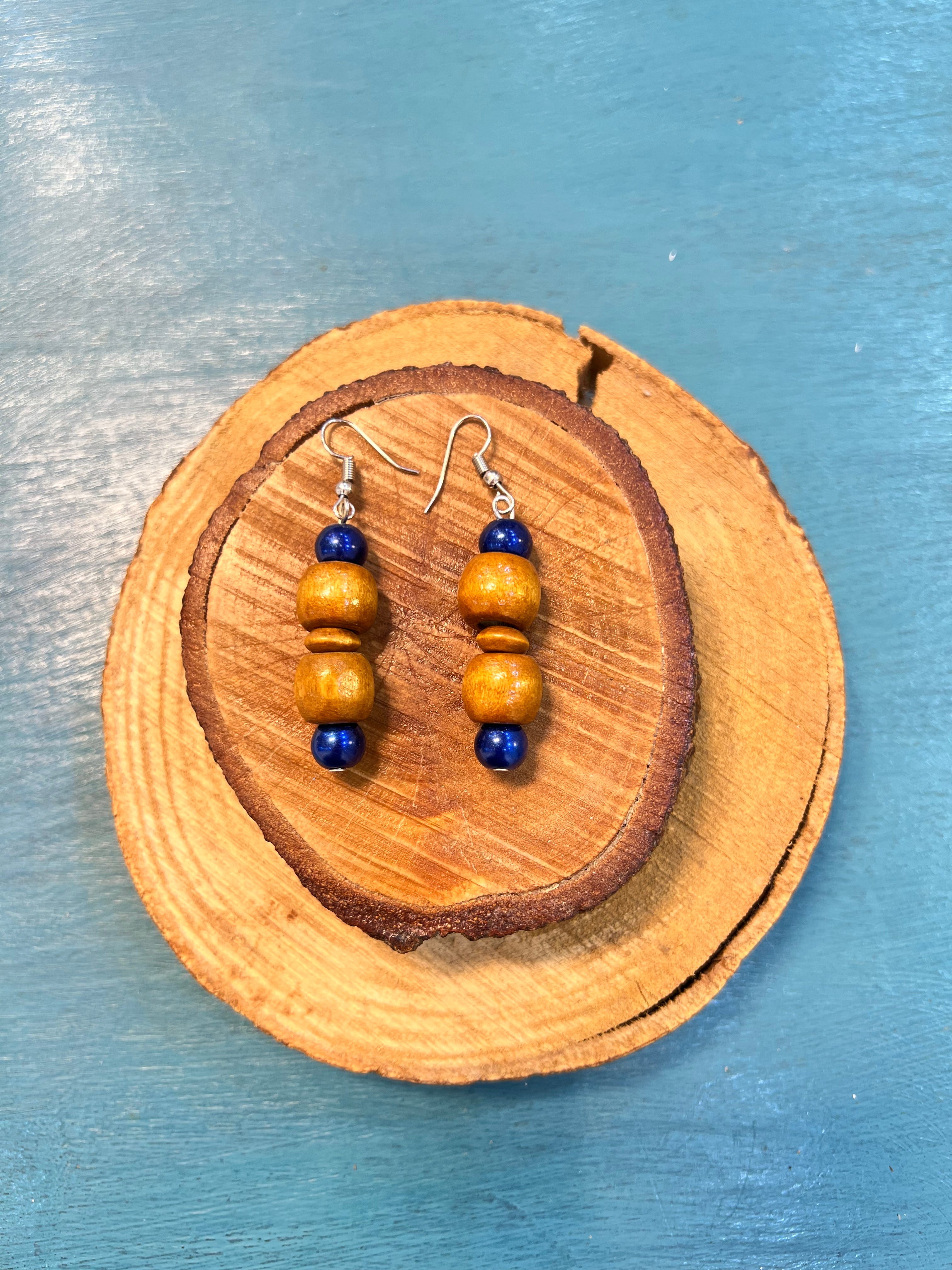 bohemian wooden earrings with blue beads | J229